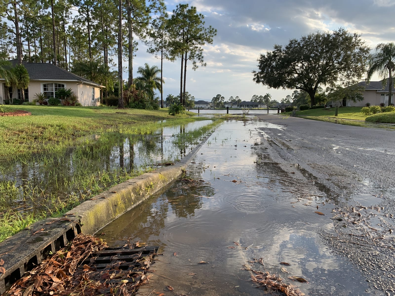 A low-lying neighborhood street with standing water around the curbs after heavy rain