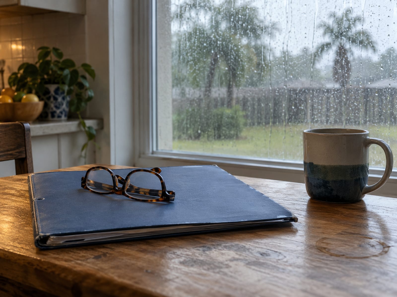 A closed document folder and reading glasses on a kitchen table beside a rain-streaked window