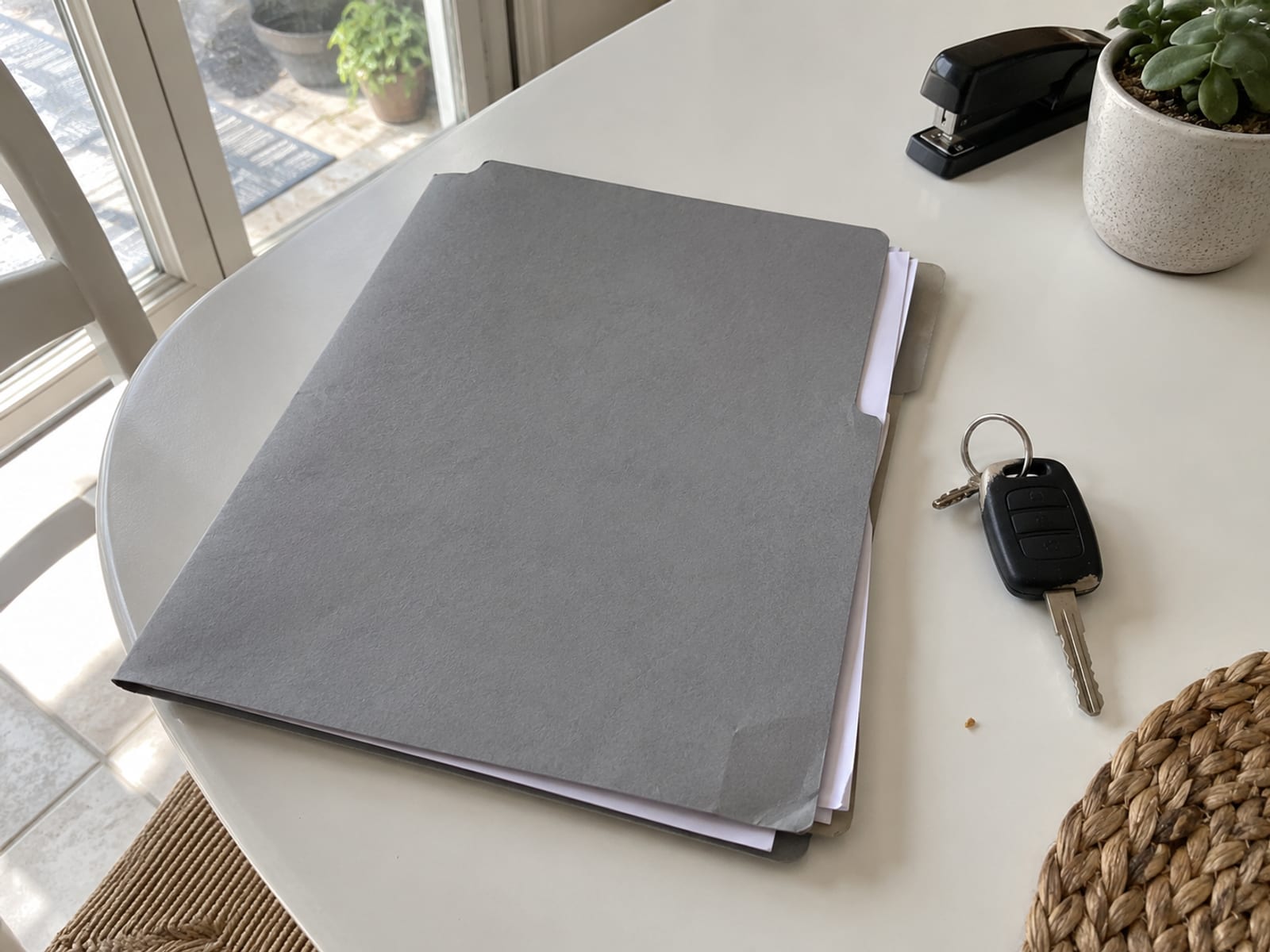 A folder of insurance paperwork and a set of car keys on a kitchen table