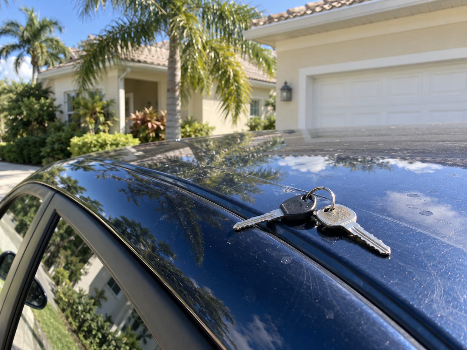 A plain set of car keys resting on the roof of a parked car in a Florida driveway