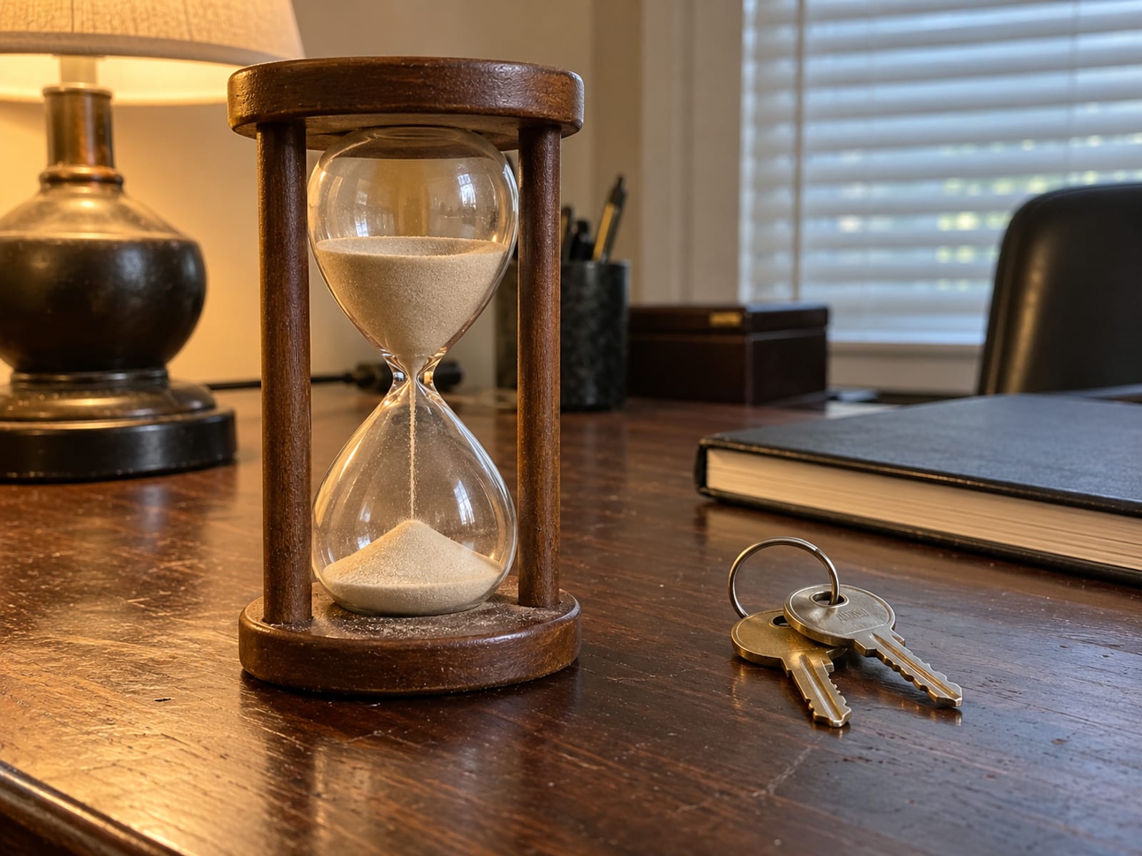 An hourglass on a wooden desk beside a set of car keys