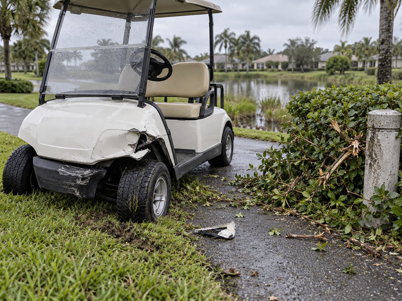 A golf cart with a dented front panel stopped at the edge of a paved path