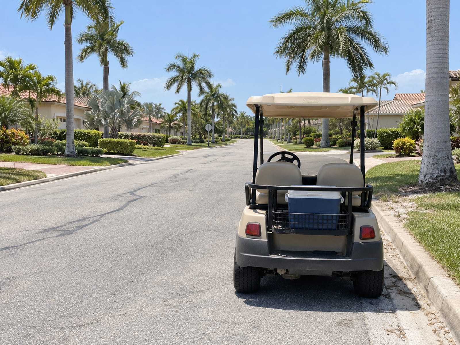 An empty golf cart parked at the edge of a quiet palm-lined residential street at midday, seen from behind at a distance