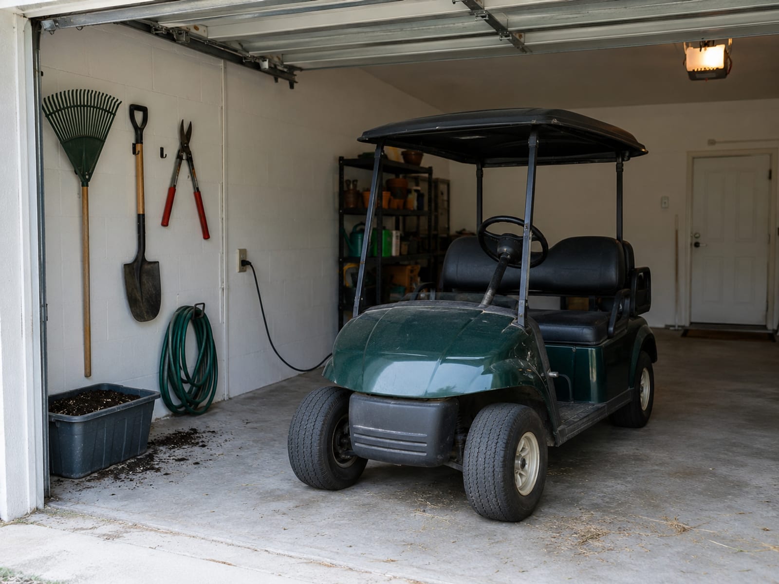 A golf cart parked in an open home garage beside garden tools
