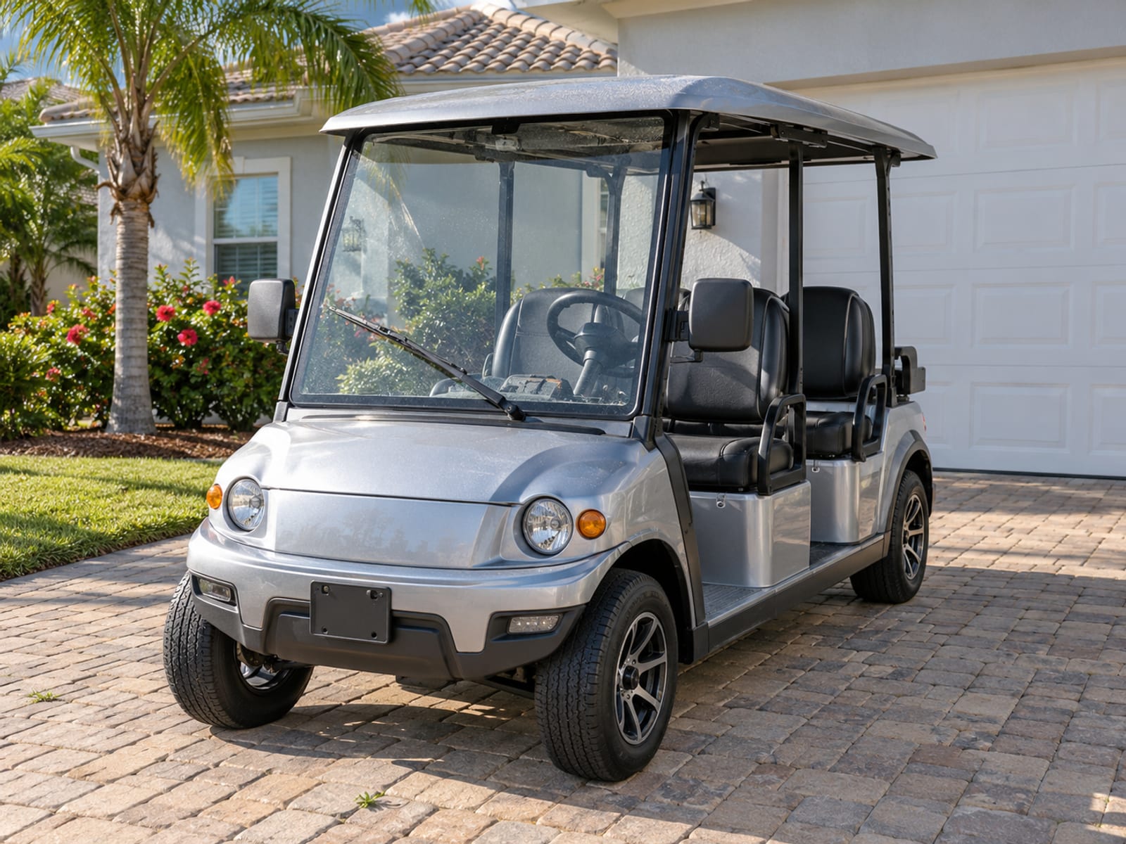 A street-equipped low-speed vehicle with headlights and mirrors parked in a driveway