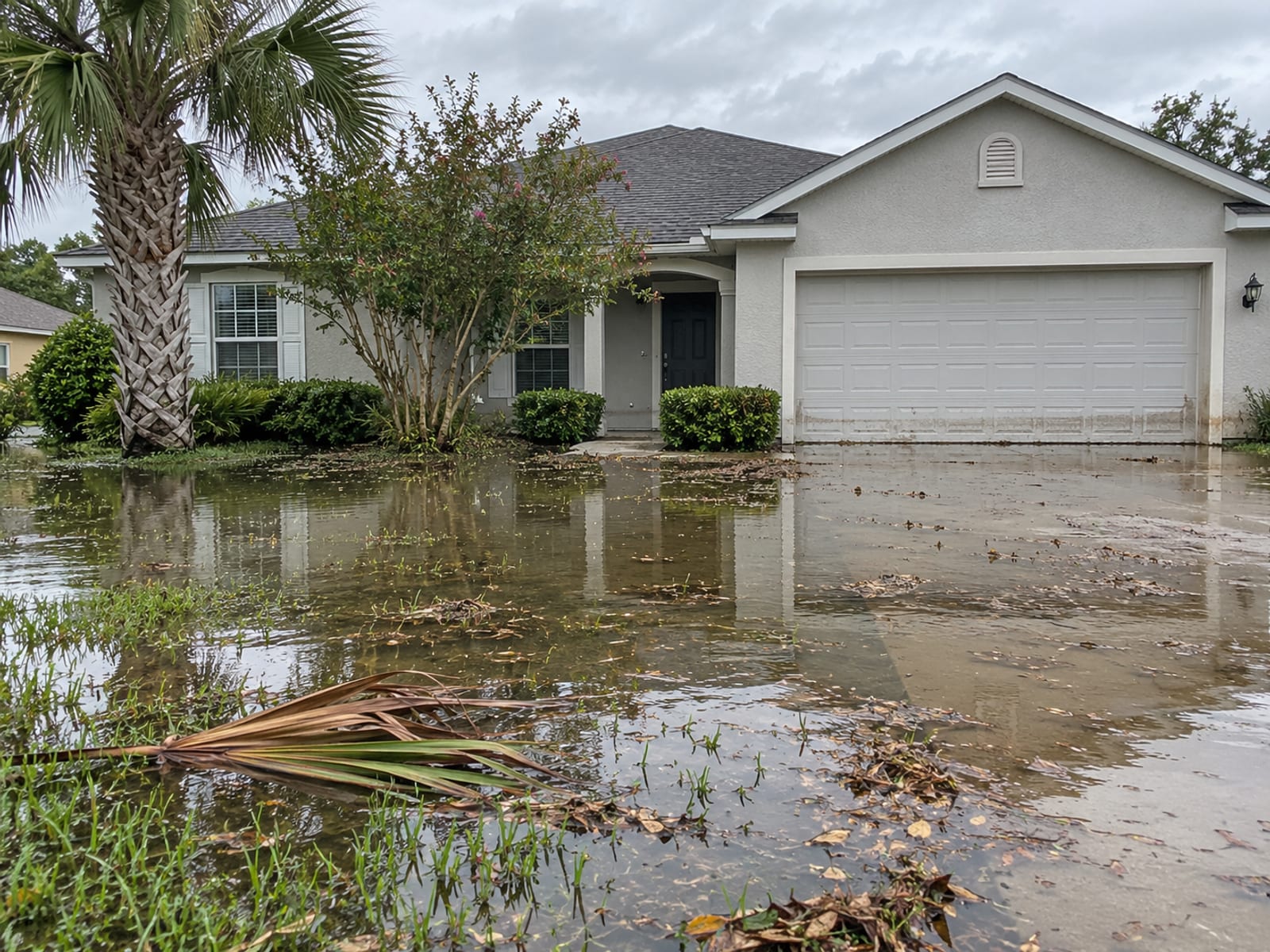 Floodwater standing in the front yard of a single-story home