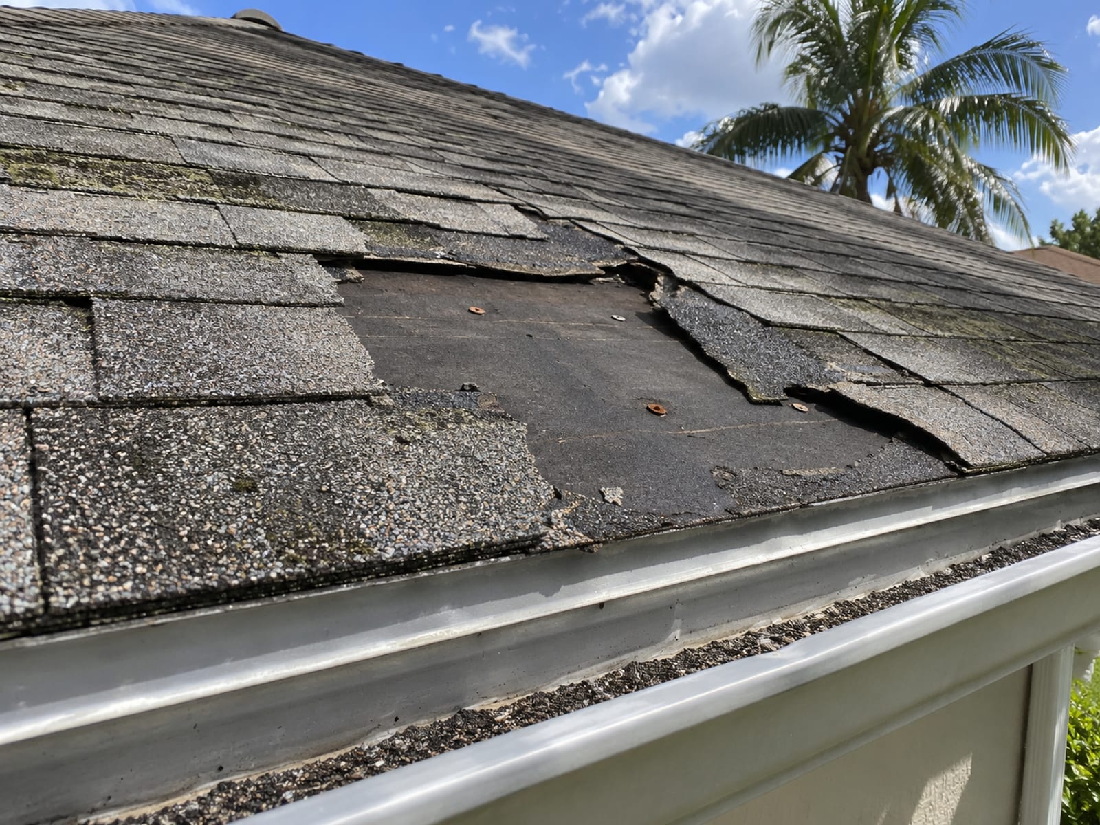 Close view of a shingle roof with a few missing shingles after high winds