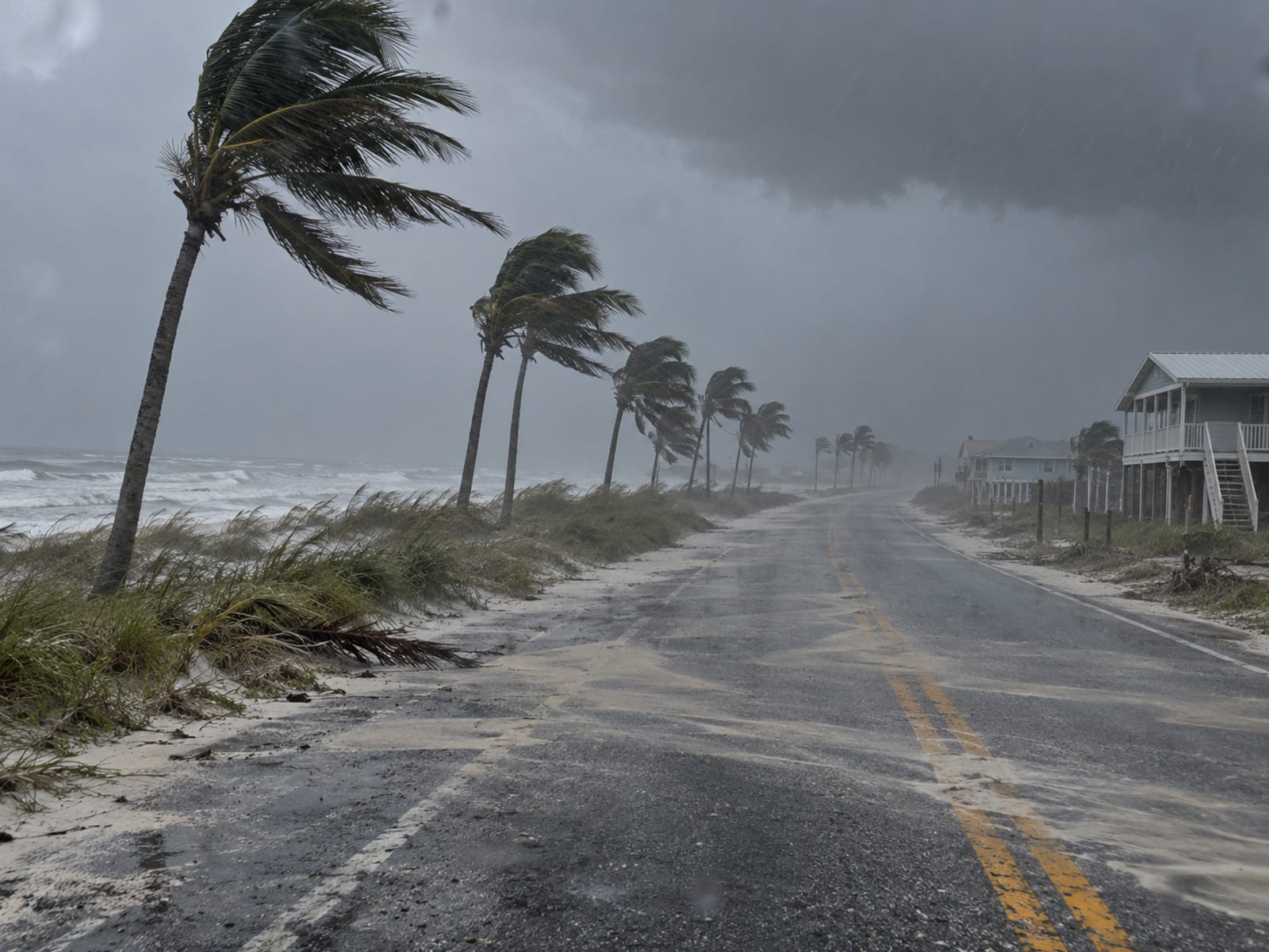 Palmeras que se doblan con fuerza por el viento en una calle costera vacía