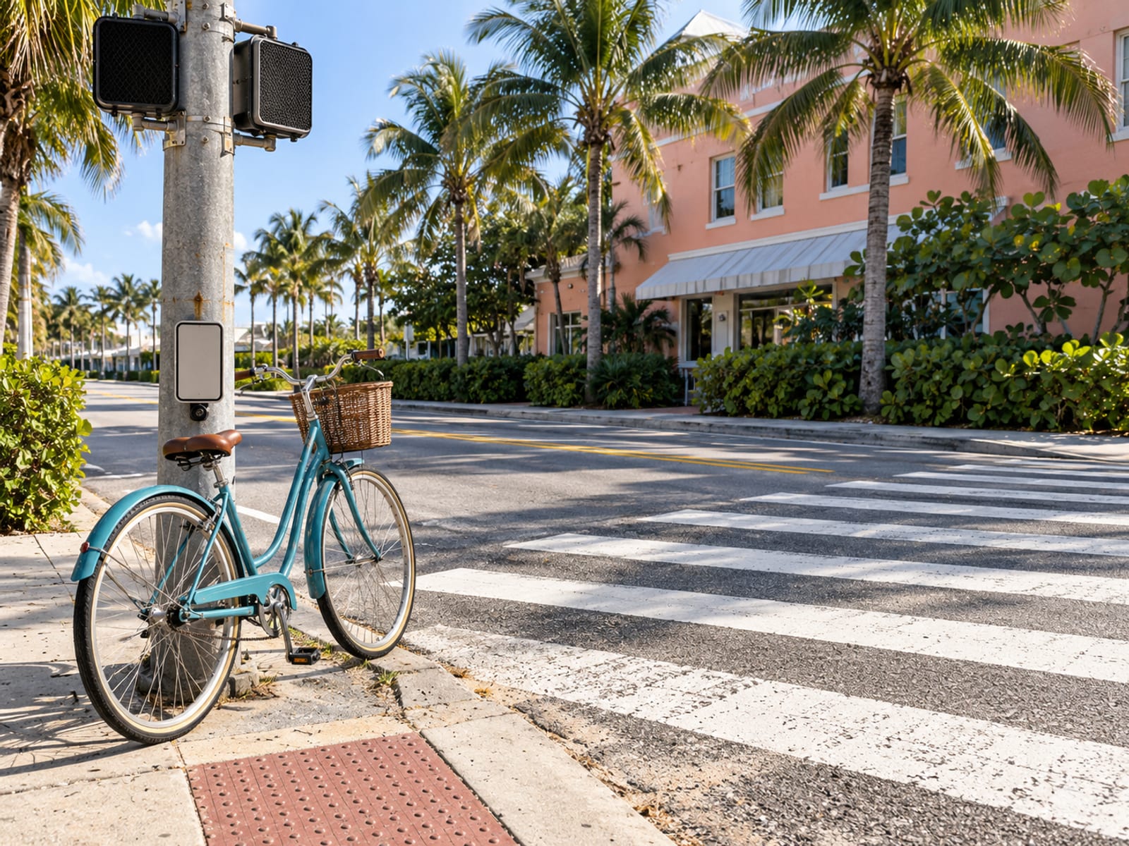 A bicycle leaning at the edge of an empty crosswalk on a sunny Florida street