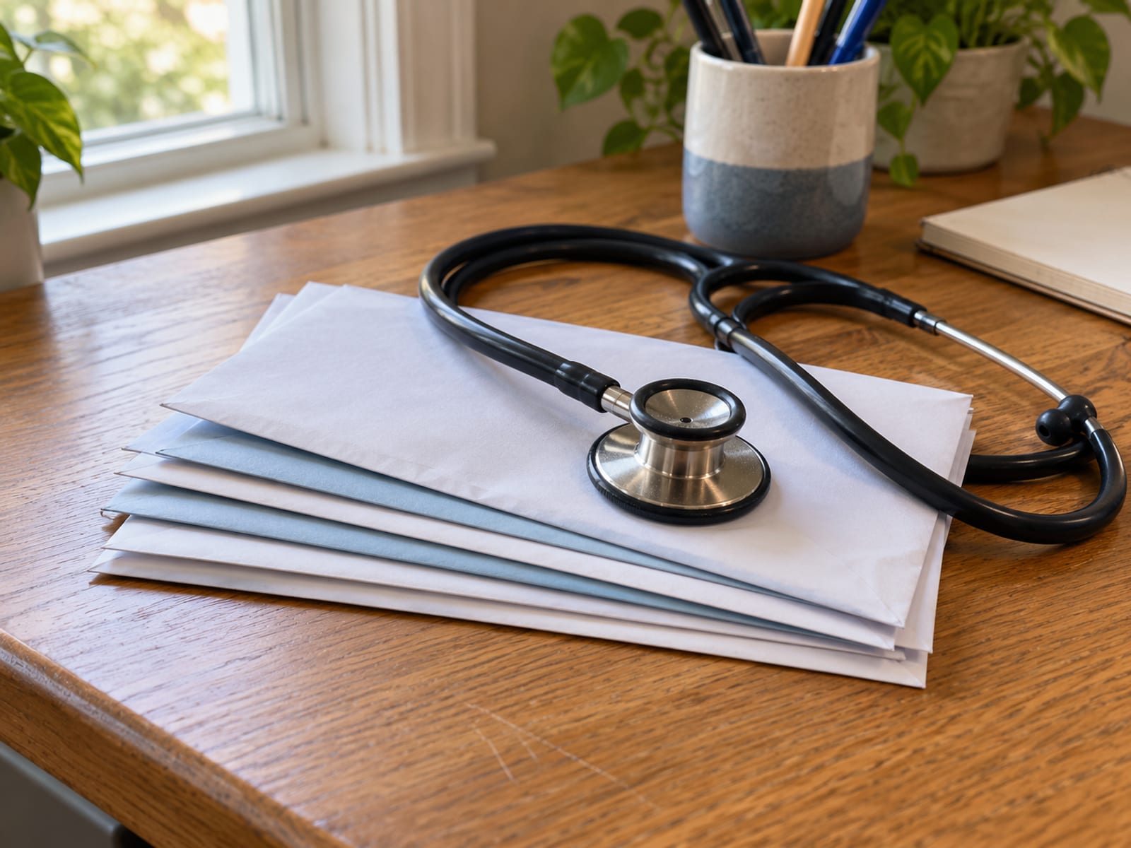 A stethoscope resting on a stack of plain envelopes on a desk