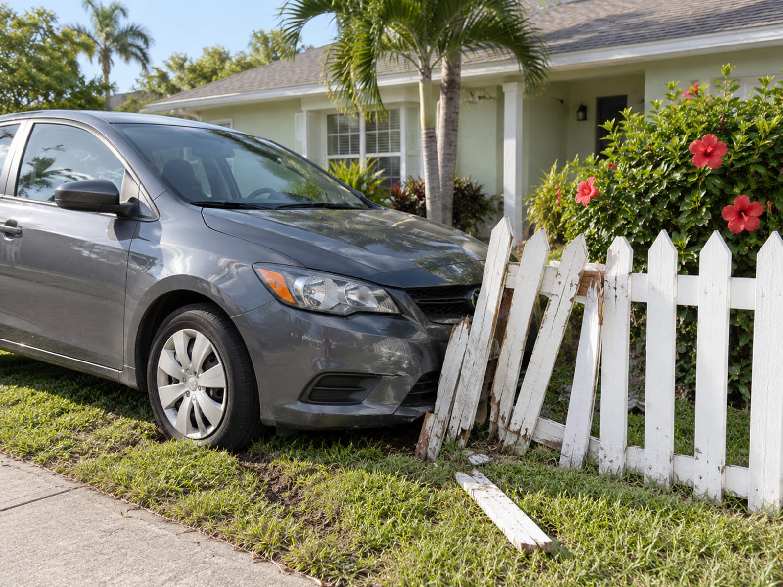 A car stopped against a broken section of white wooden fence in front of a house