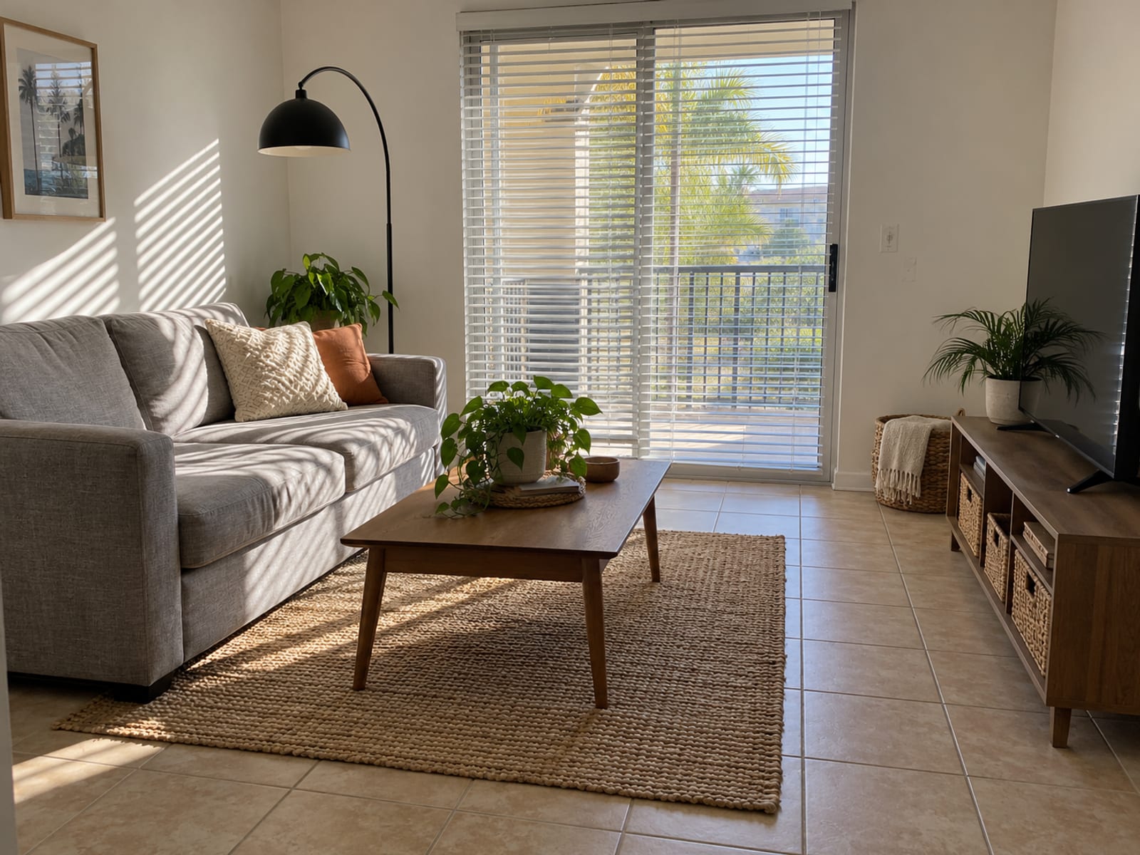 A furnished apartment living room with a sofa, a lamp and a rug