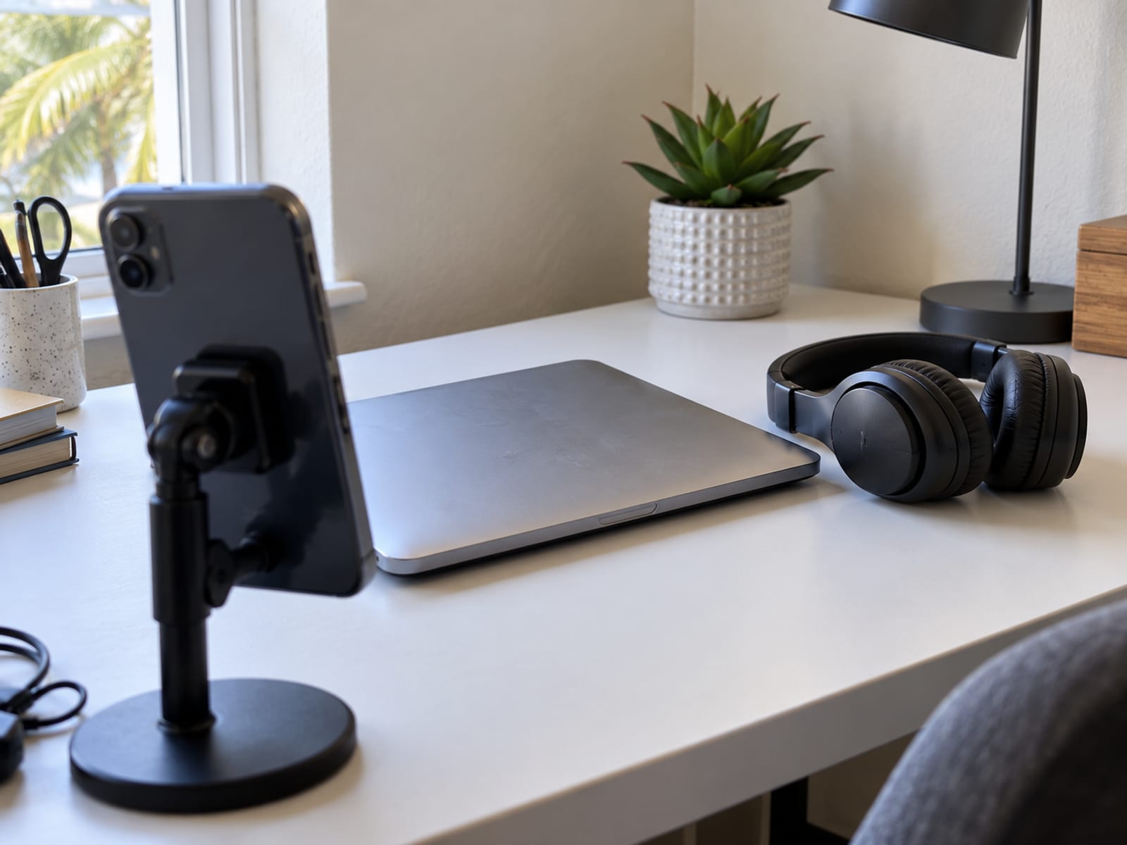 A smartphone on a small tabletop stand pointed at a closed laptop and a pair of headphones on a desk in soft light, its screen facing away