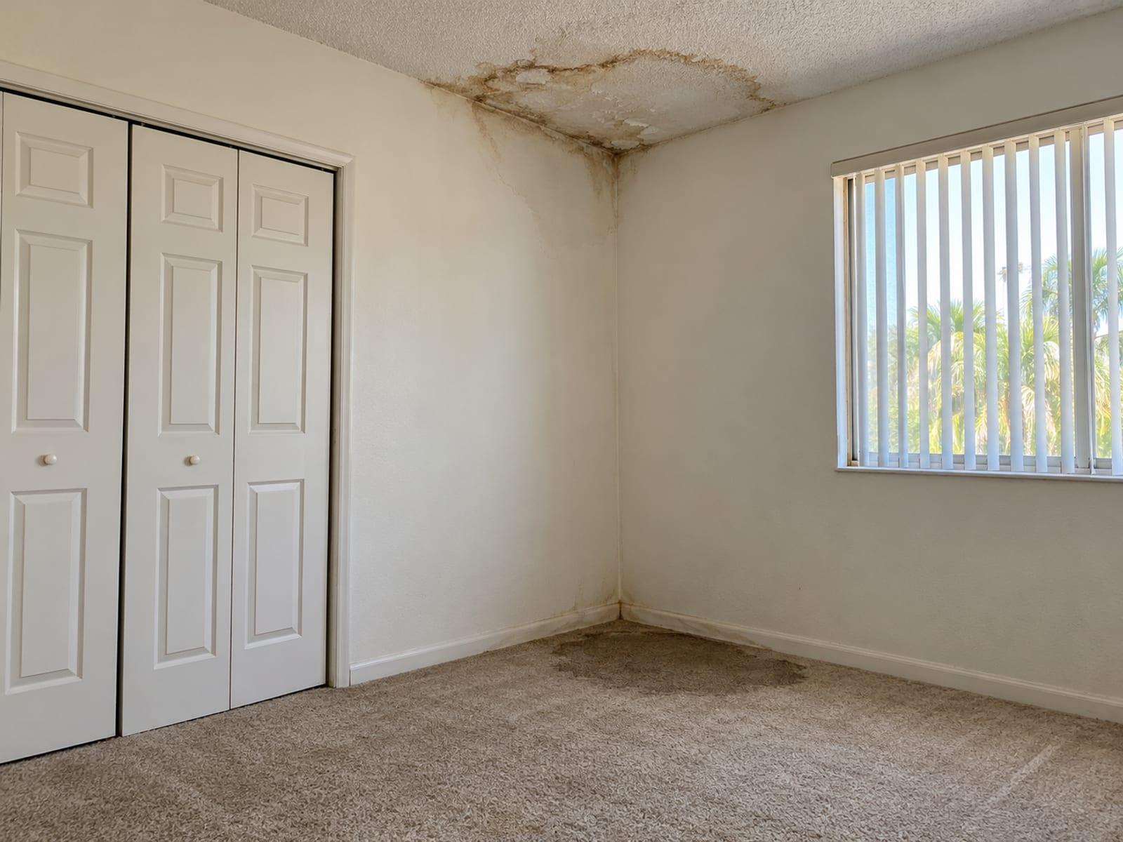 A water-stained ceiling corner above a damp carpet in an empty bedroom