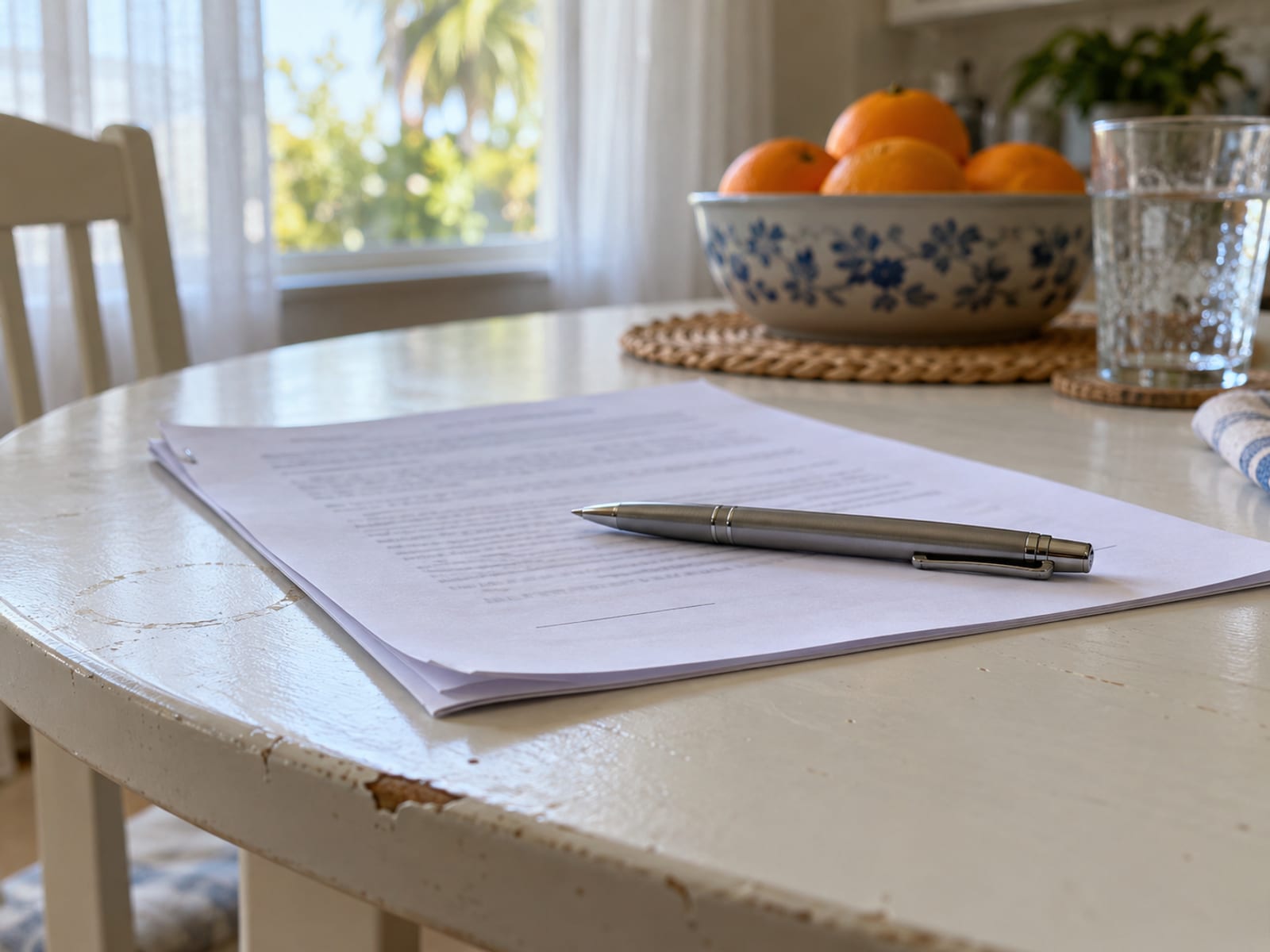 A pen resting on a blank contract on a kitchen table