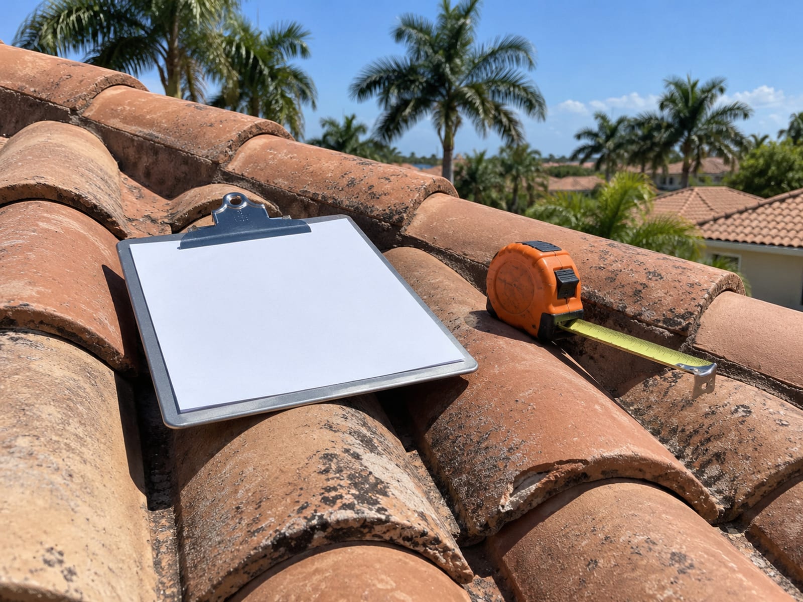 A clipboard and tape measure resting on a tile roof