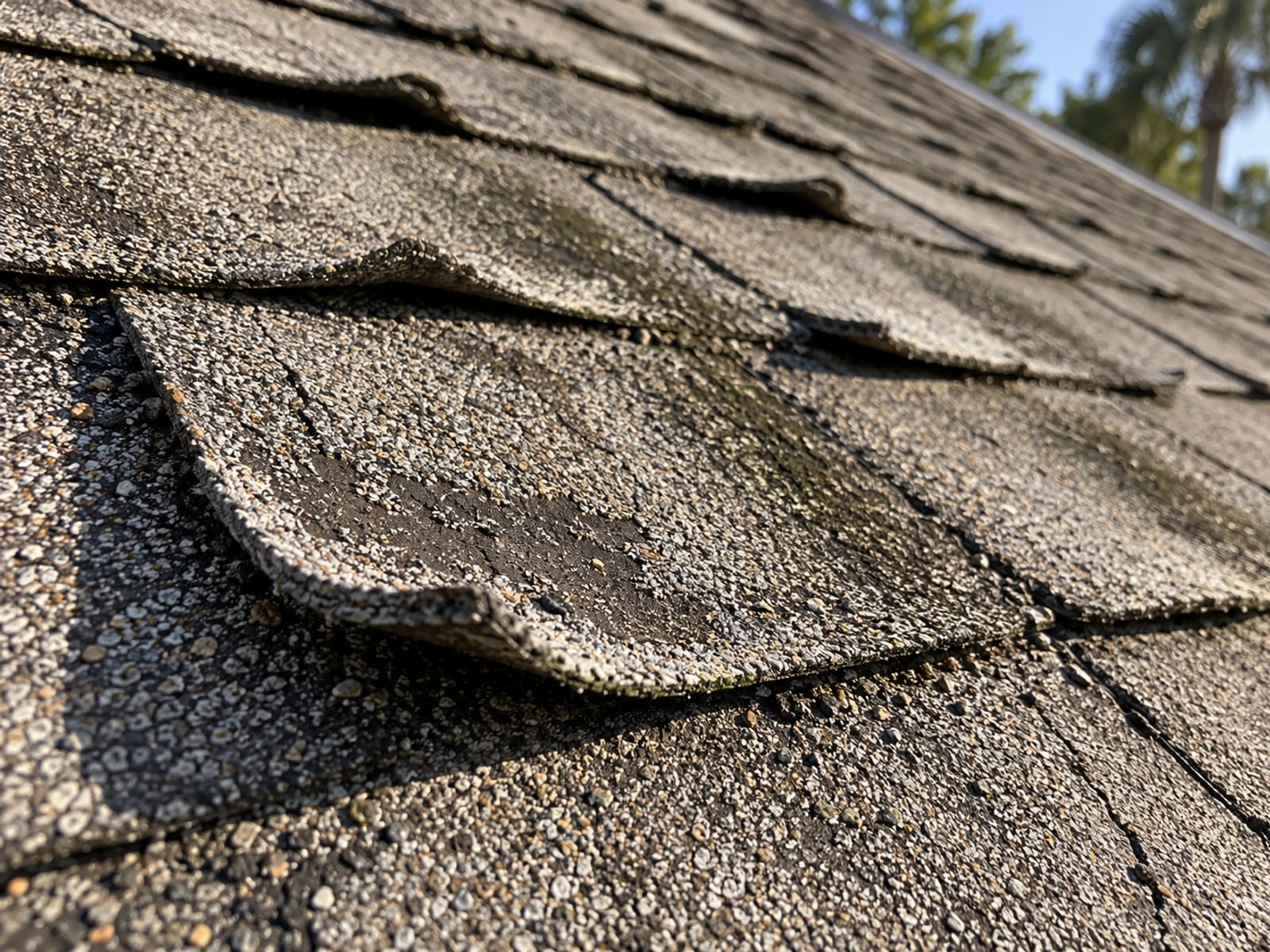 Close view of weathered, curling asphalt shingles on an older roof