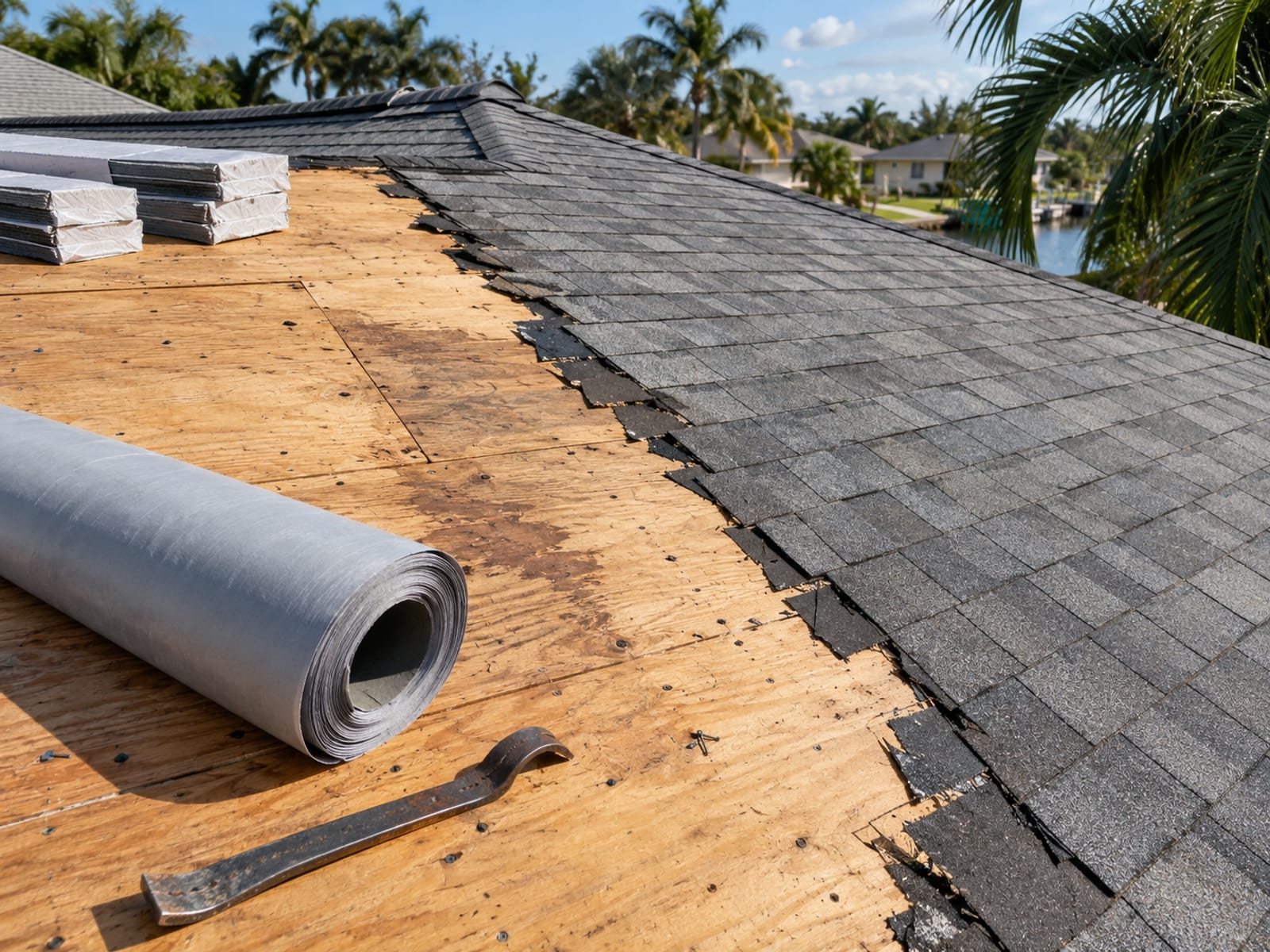 A section of roof stripped to the decking beside intact shingles