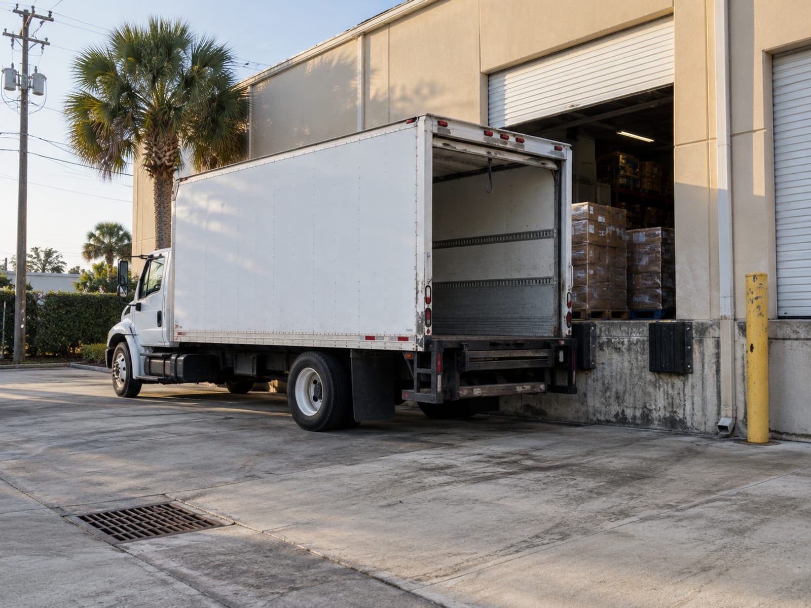 A plain white box truck parked at a loading dock behind a warehouse