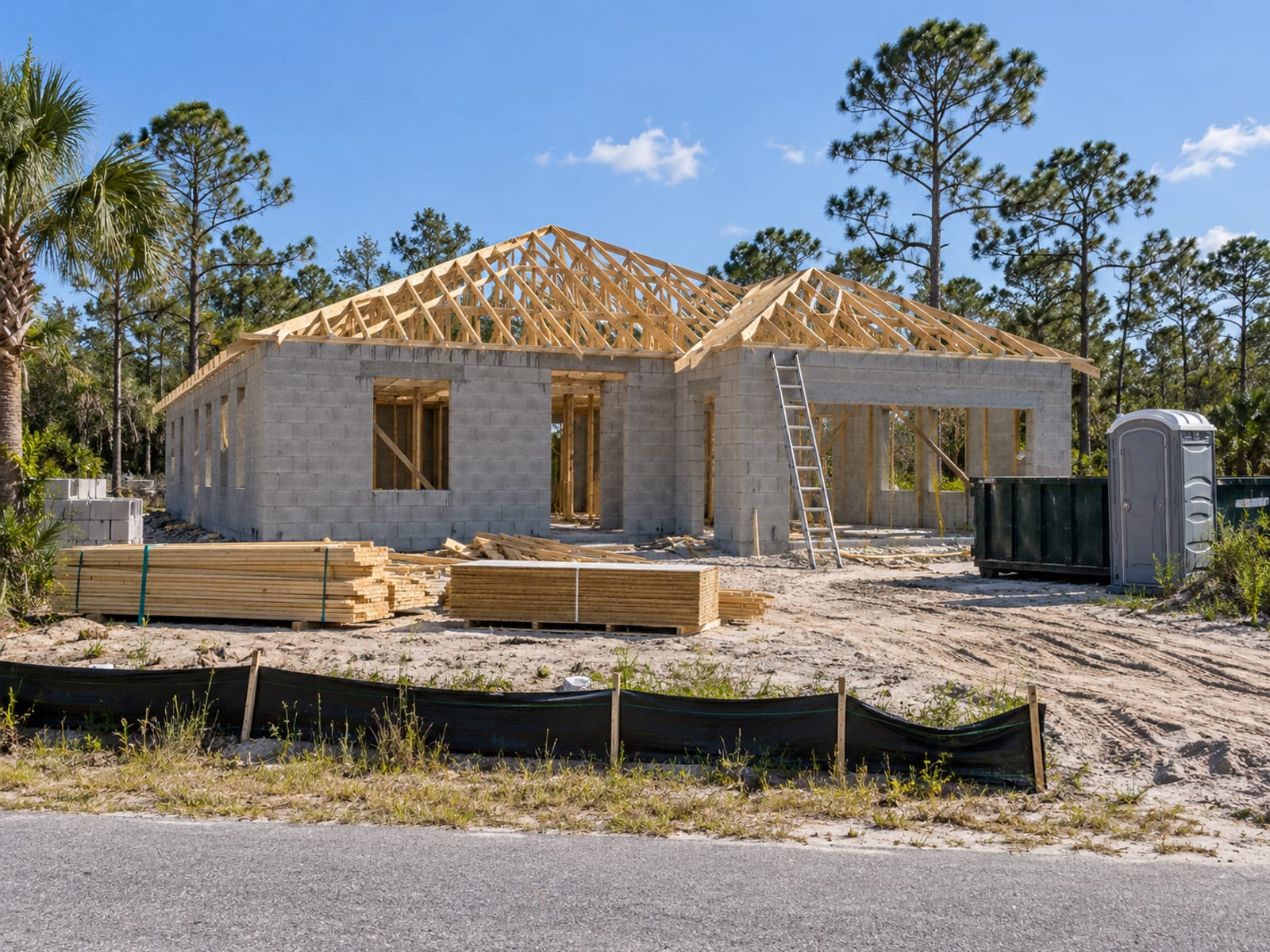 A house frame under construction with stacked lumber and a ladder on a sunny lot
