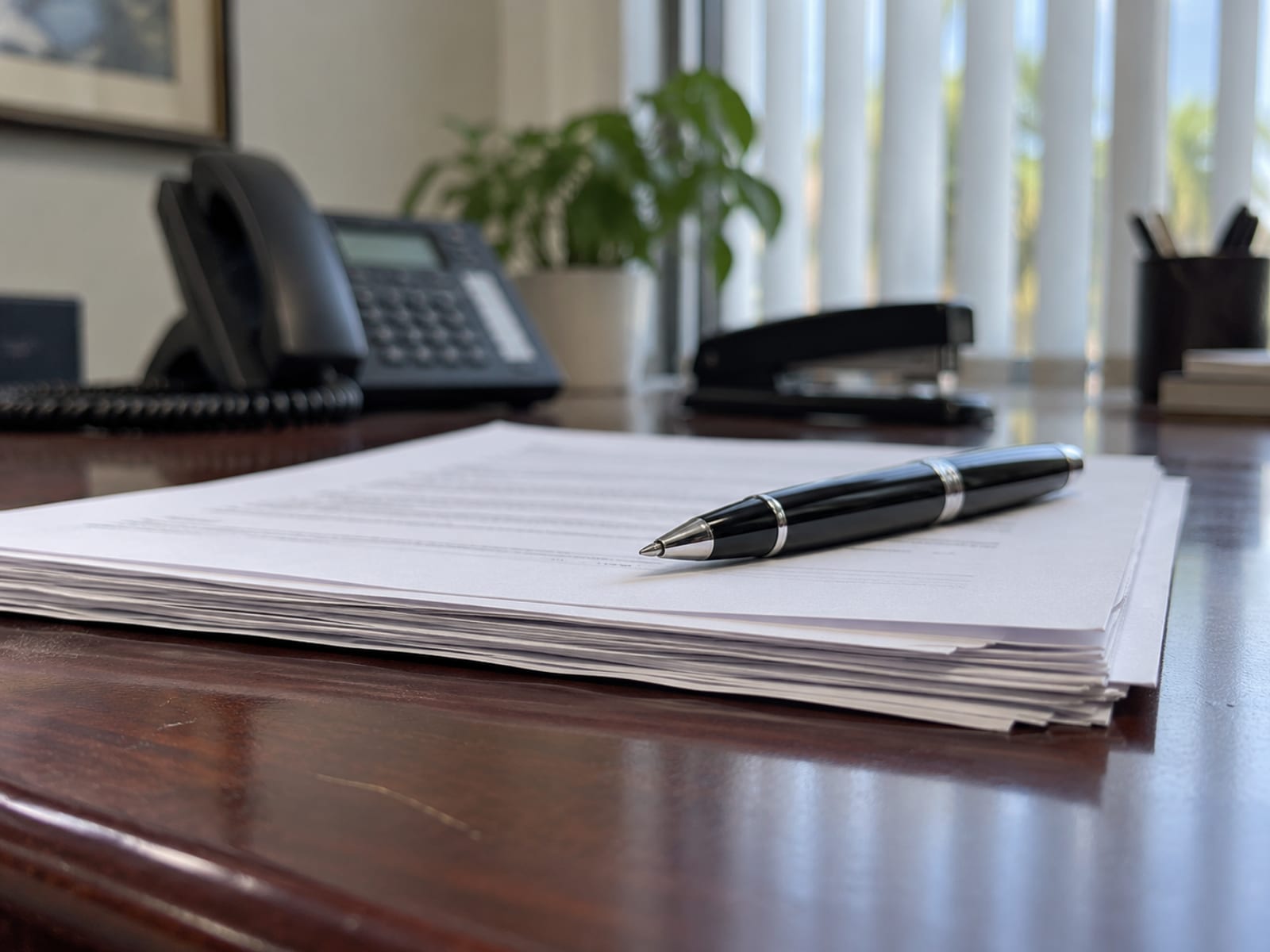 Close view of a pen and a stack of blank papers on an office desk