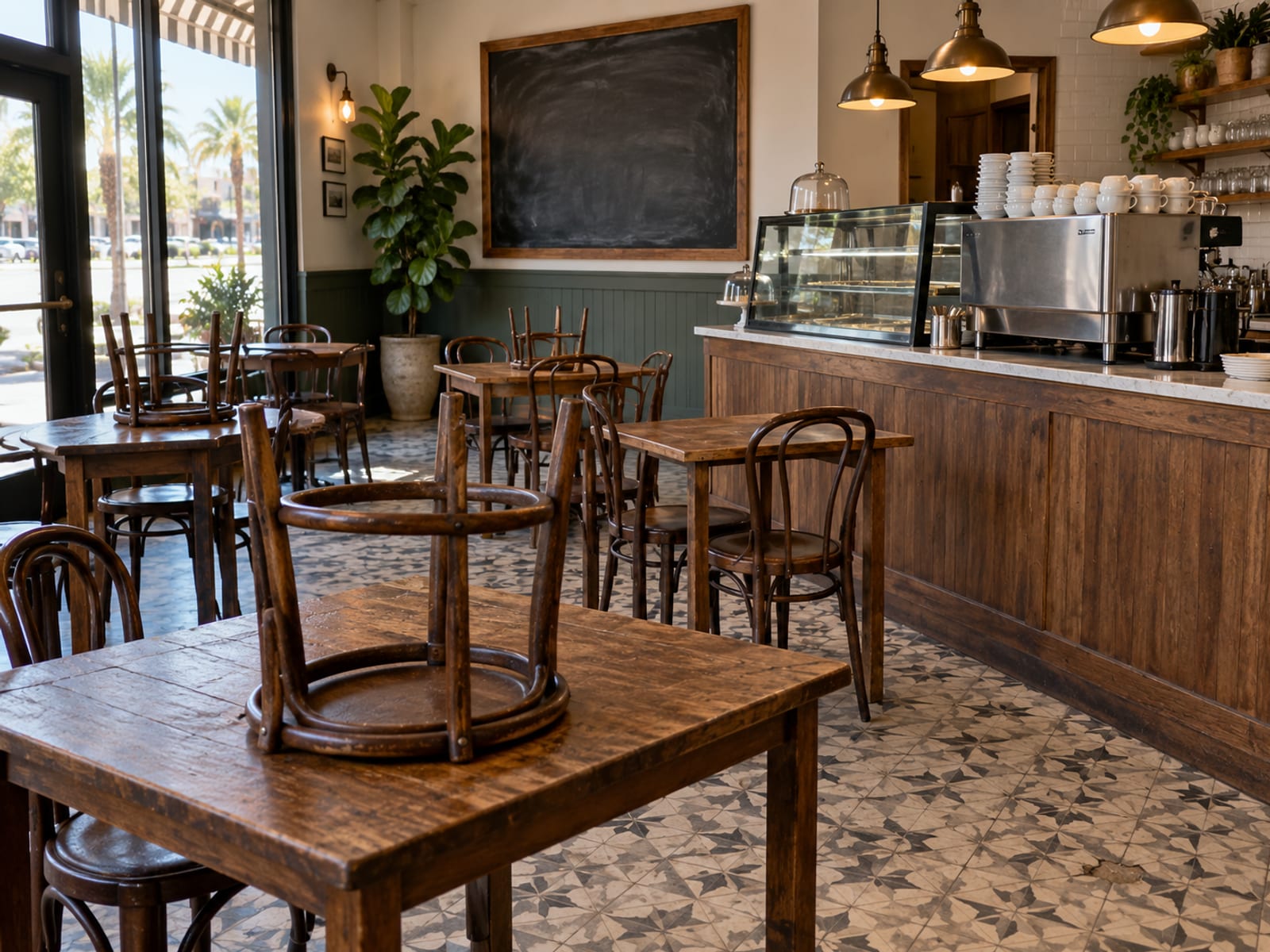 The interior of a small café with tables, chairs and a counter before opening