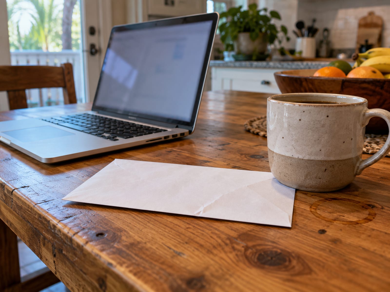 An envelope and a laptop with a blurred screen on a kitchen table