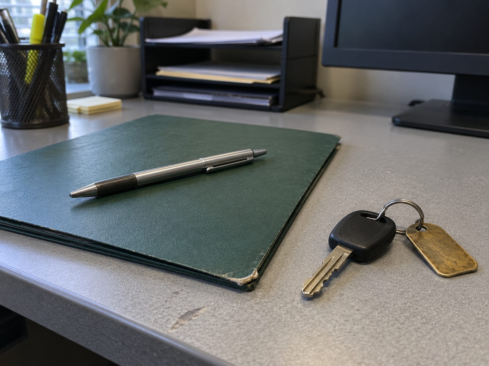 A pen resting on a closed folder beside a set of car keys on an office desk