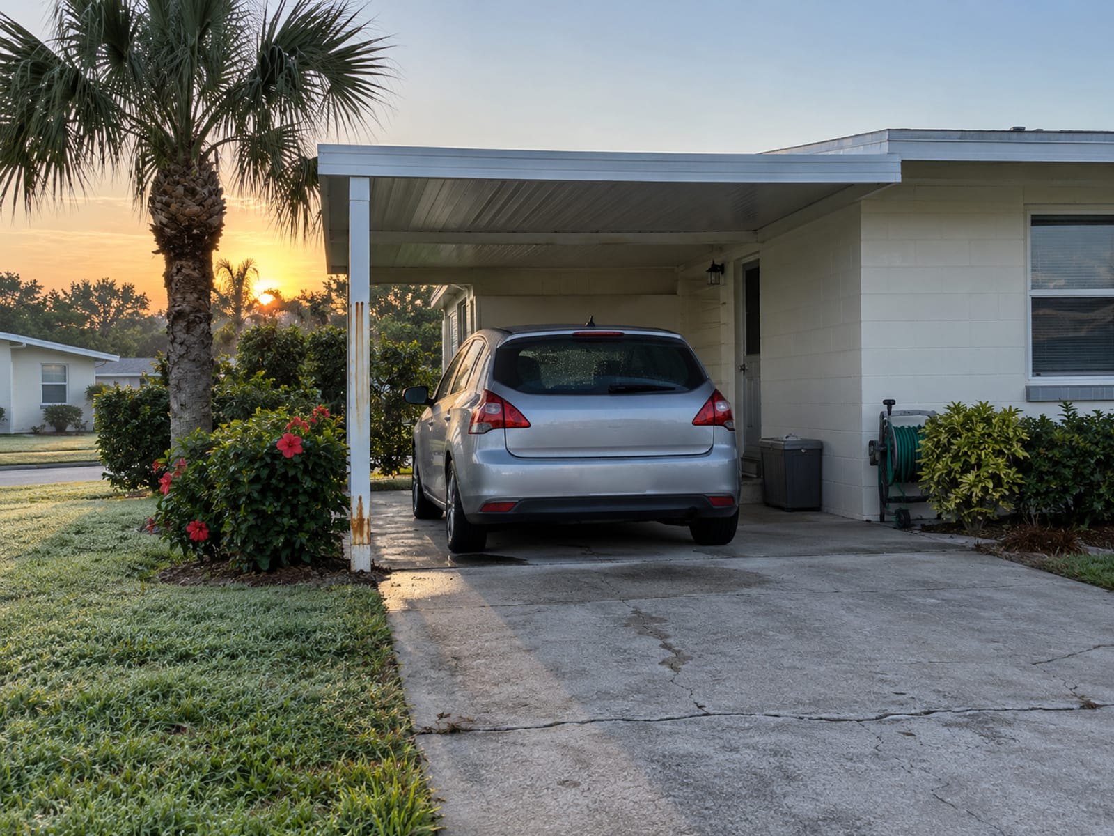 A car parked under a carport in a quiet Florida driveway at sunrise