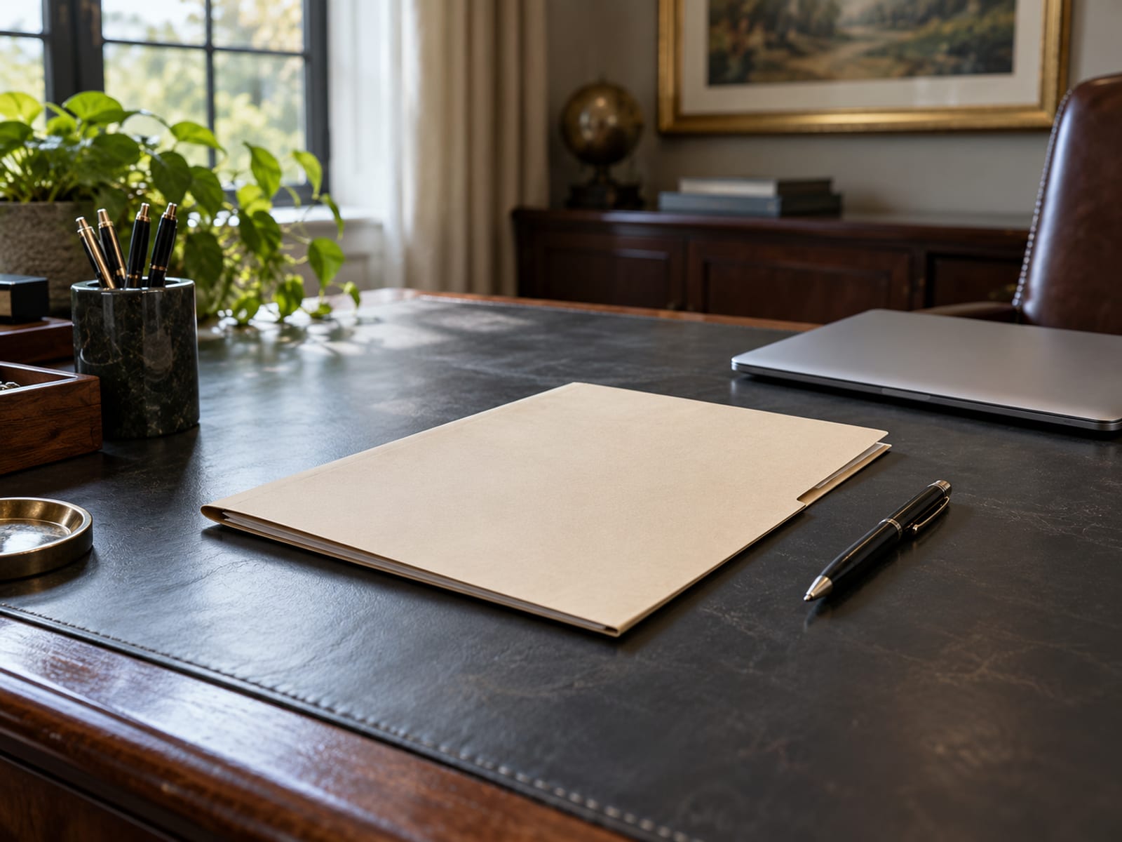 A folder of blank forms and a pen beside a closed laptop on a desk