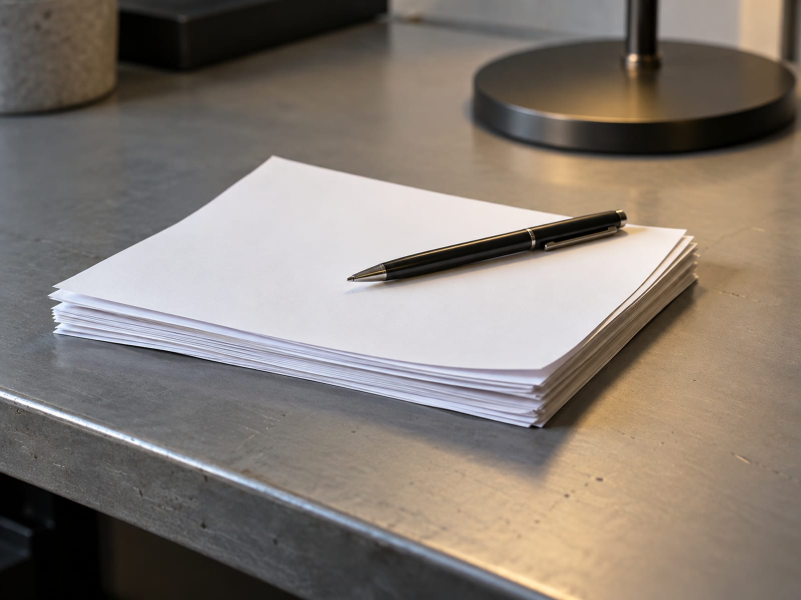 A short stack of blank policy pages with a pen resting on top of them