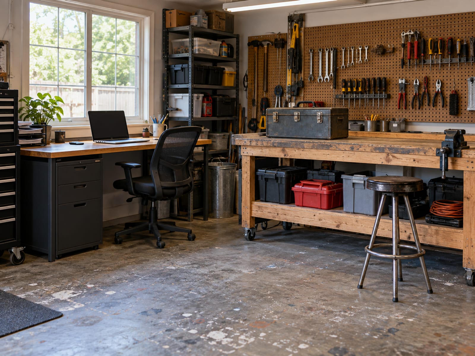 Two desks side by side, one with a laptop and one with a toolbox, in a small office