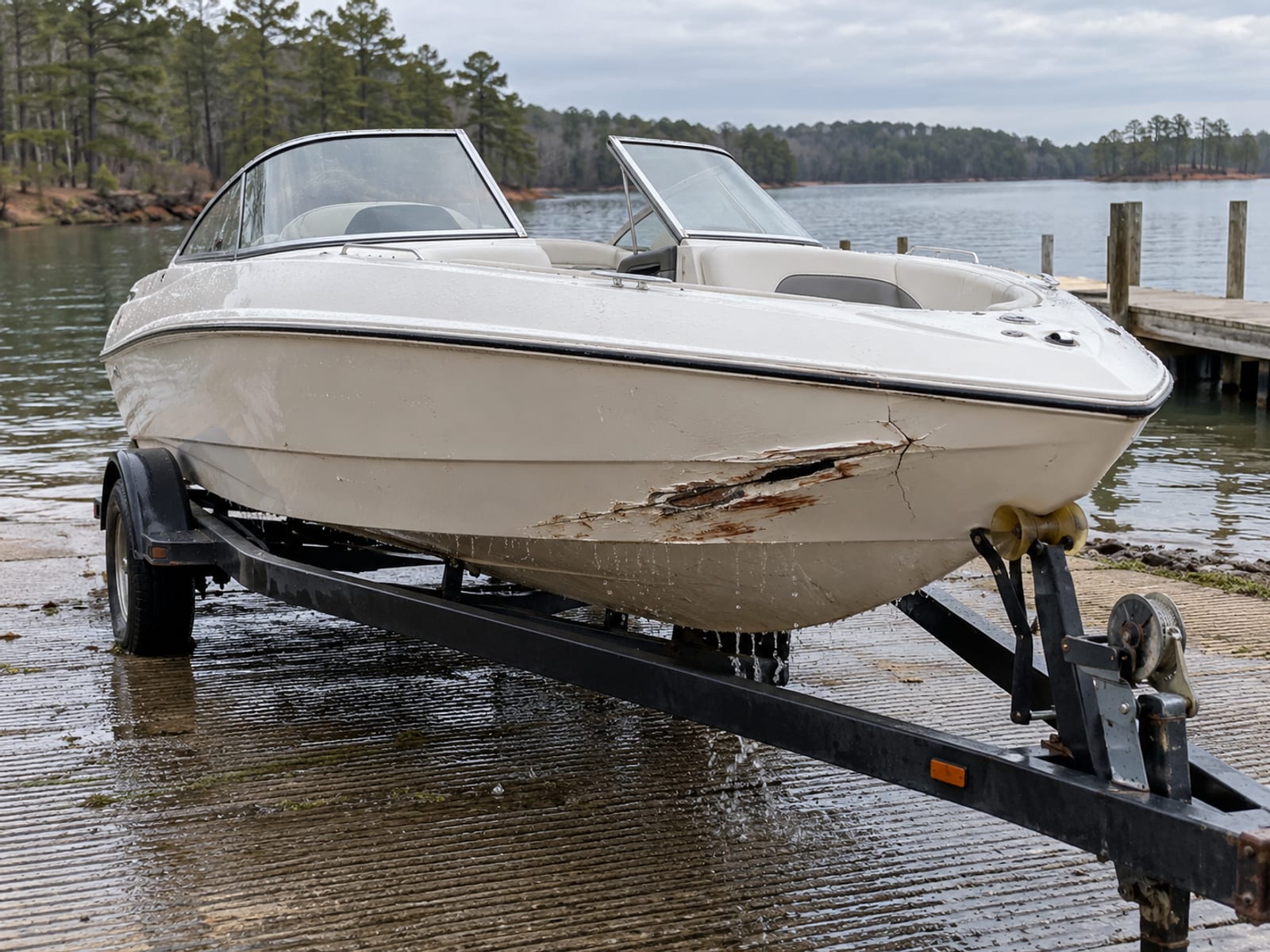 A fiberglass runabout with a damaged hull resting on a trailer at a boat ramp