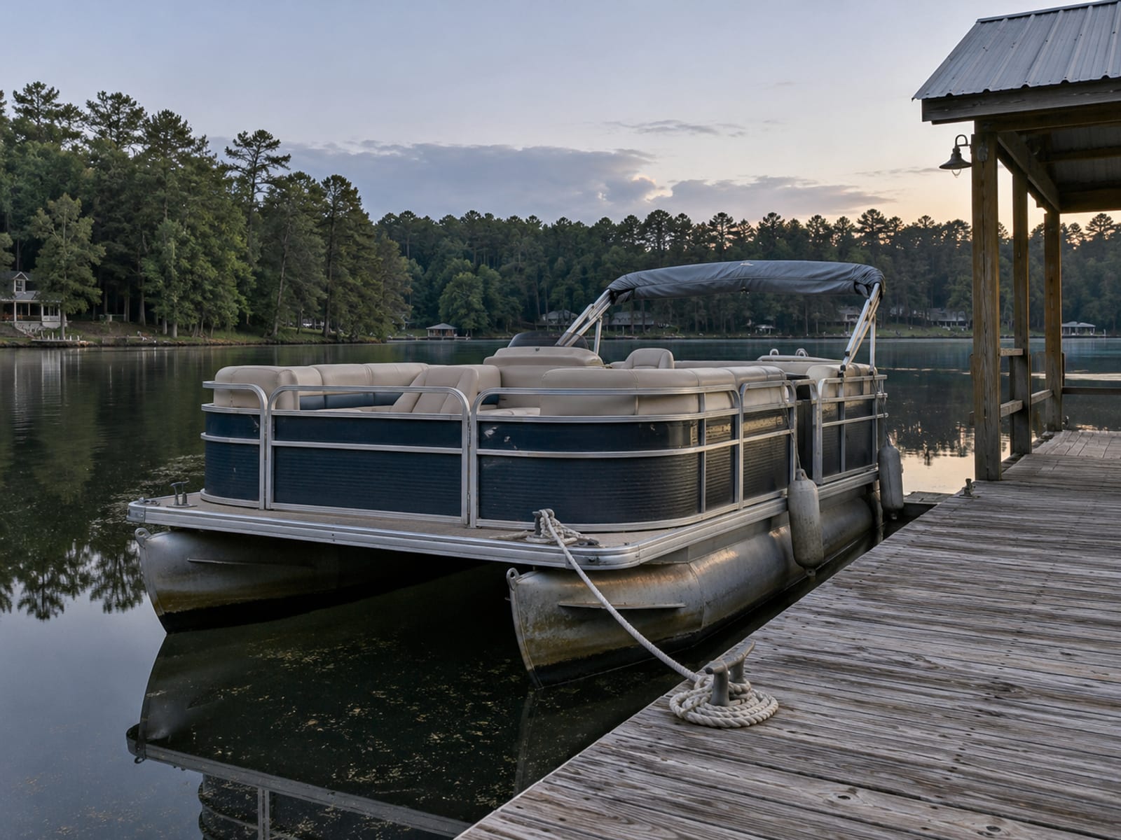 A pontoon boat tied to a wooden dock on a calm lake at dusk