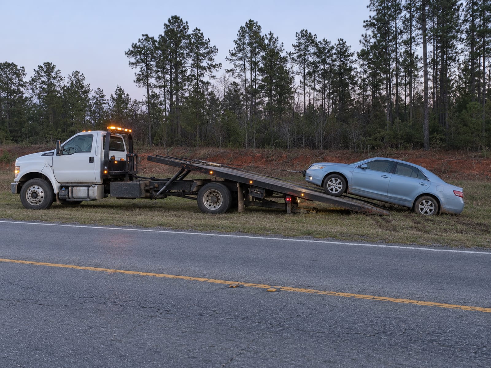 A tow truck loading a disabled sedan on a road shoulder at dusk