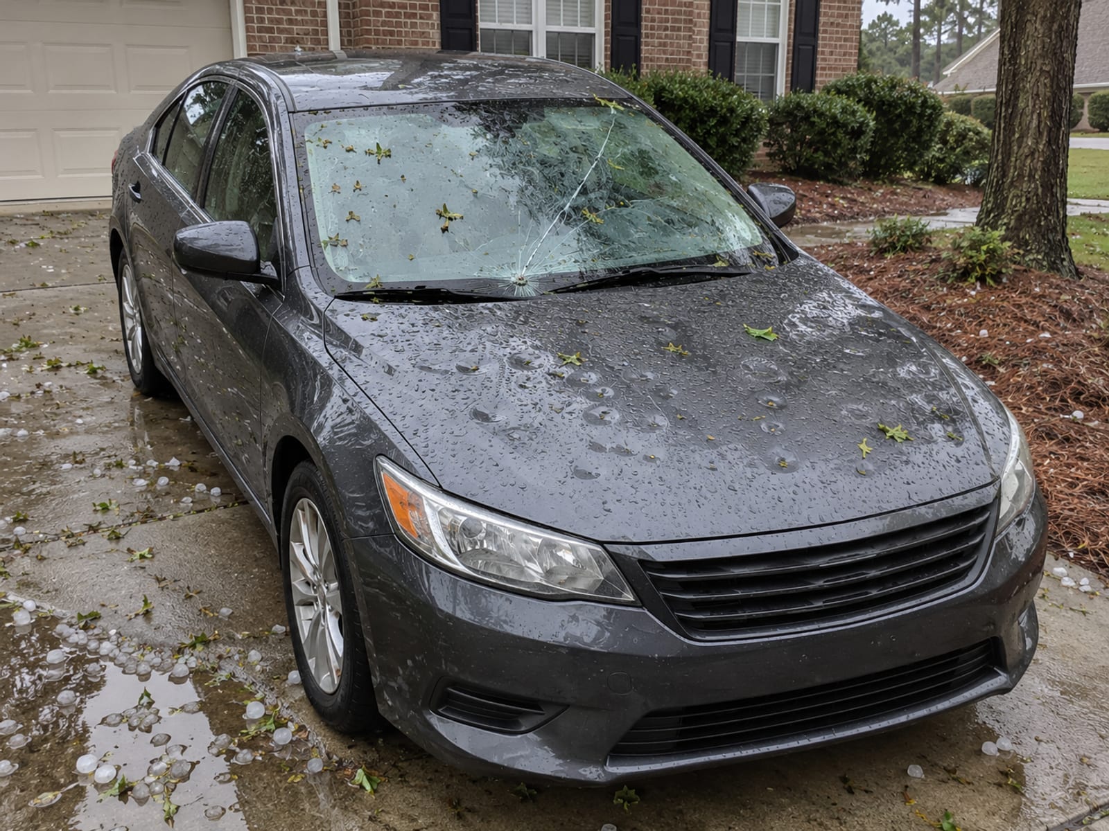 A sedan with a cracked windshield and hail dents parked in a driveway