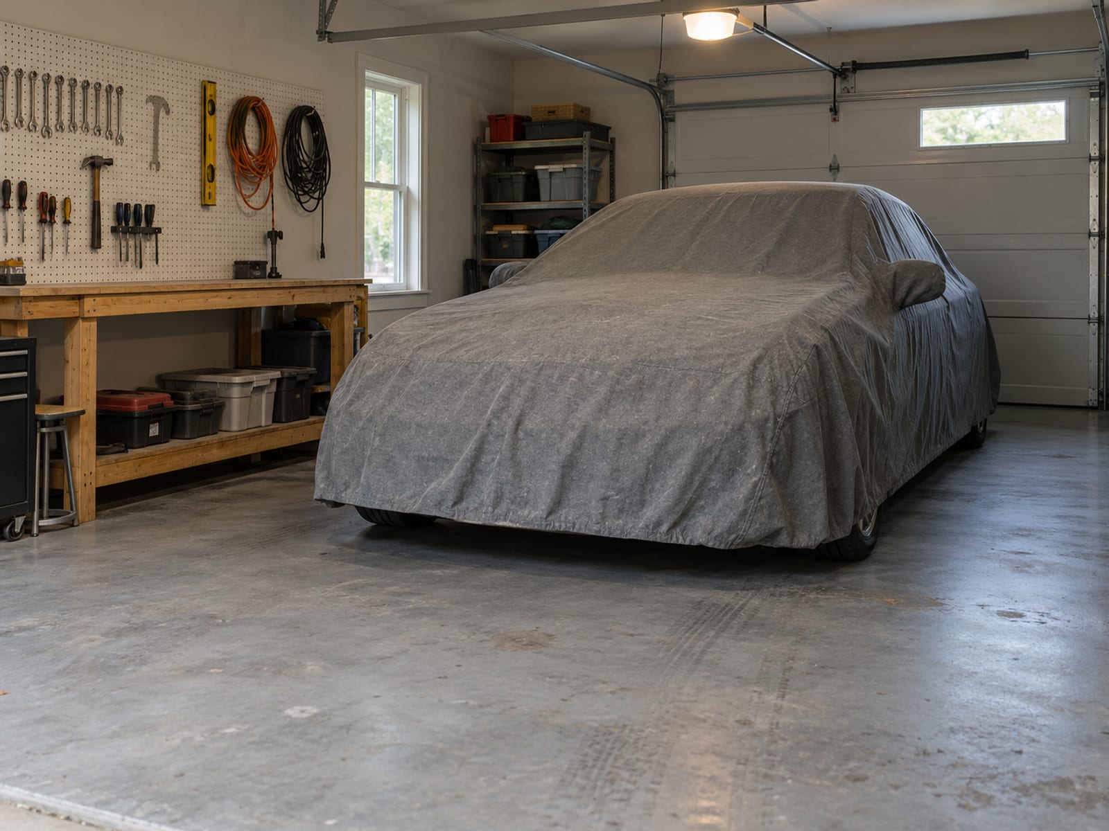 A car under a fitted cloth cover in a tidy home garage