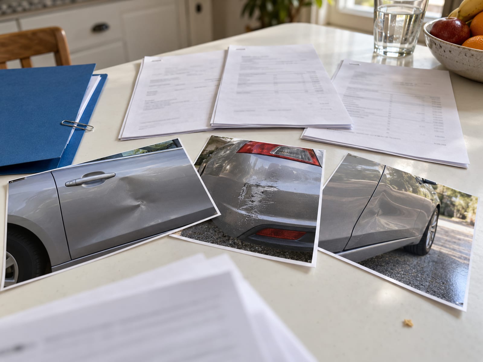 Repair invoices, photographs and a folder of claim papers spread on a kitchen table