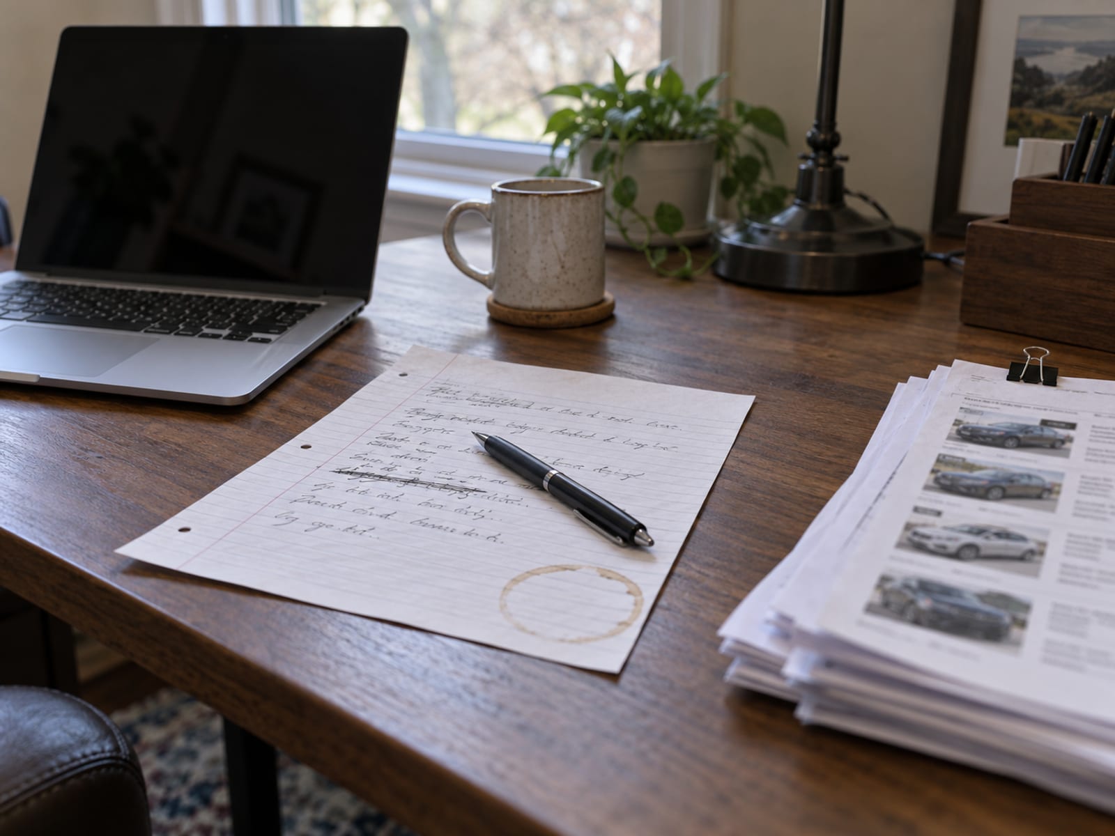 A half-written letter with a pen lying across it on a desk beside a laptop and a stack of printed comparable car listings