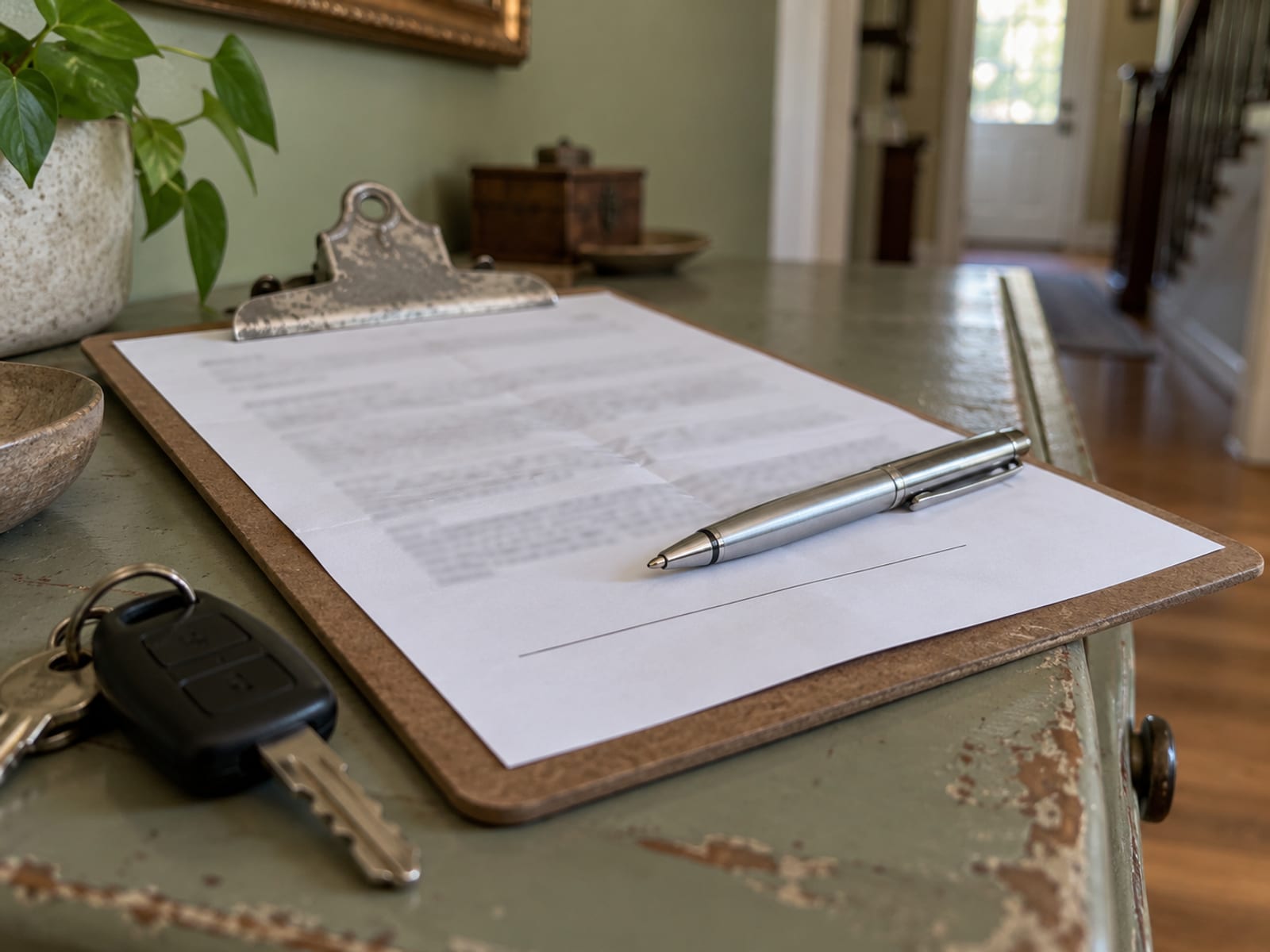 A pen resting on an unsigned settlement form on a clipboard beside car keys