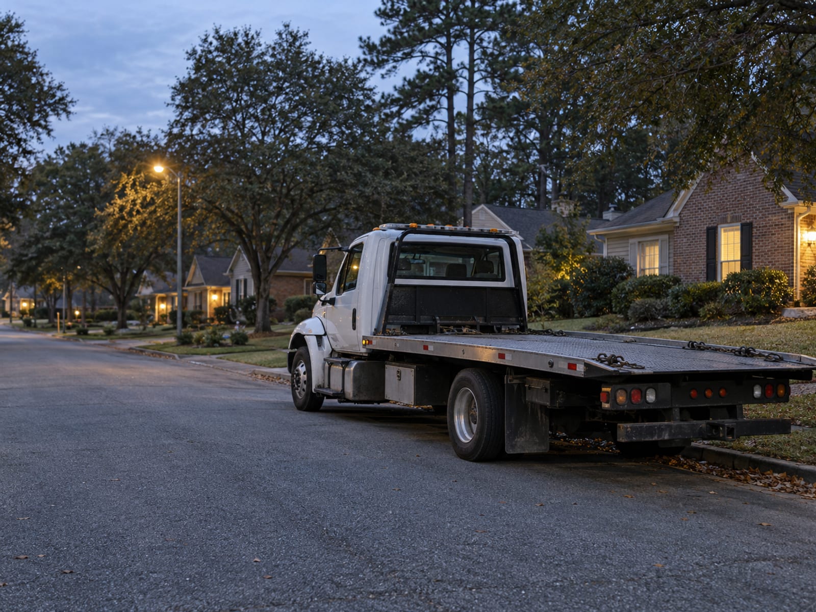 A tow truck parked at the curb of a quiet street at dusk