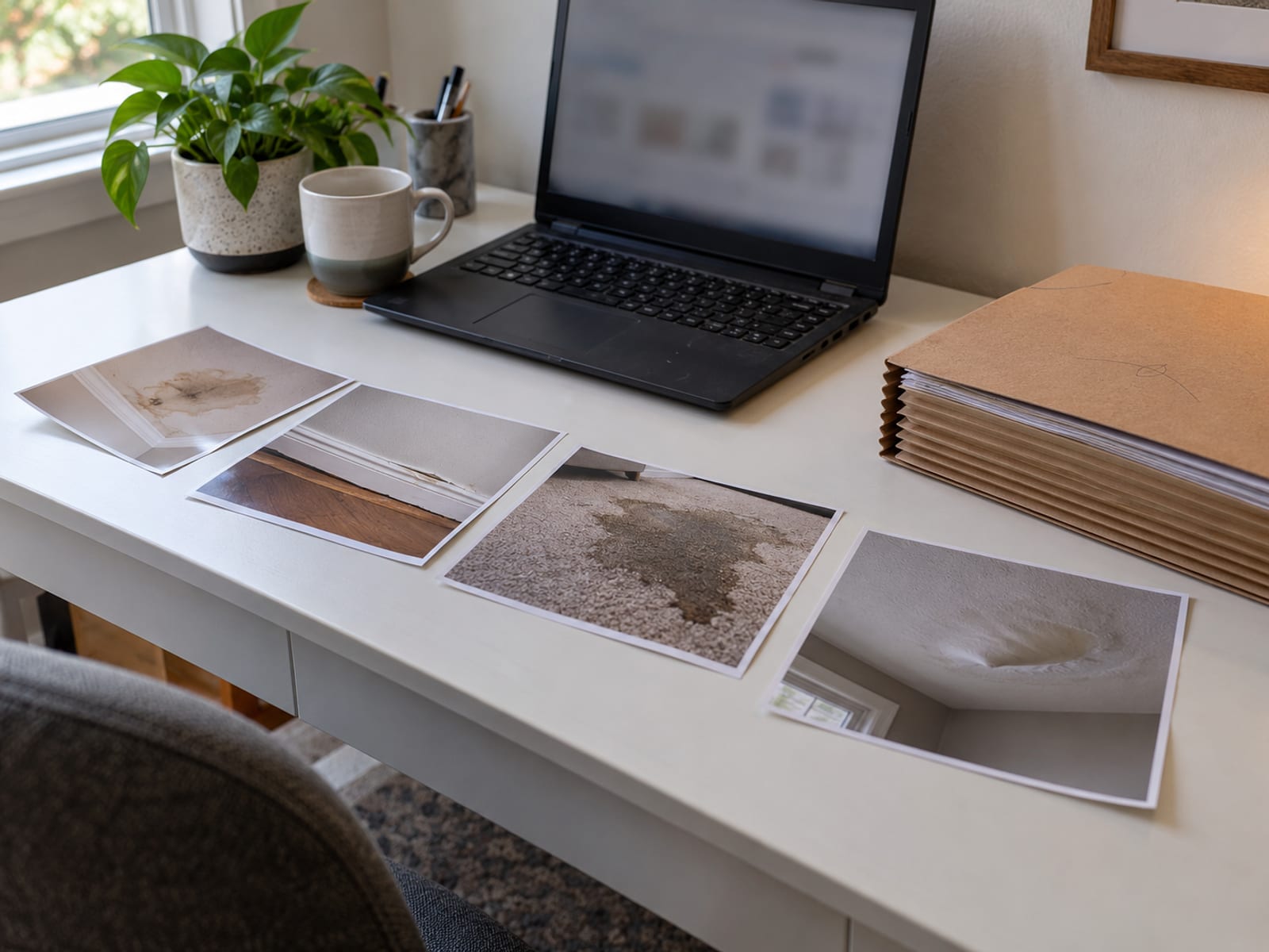 A laptop and a folder of papers on a desk beside photos of a damaged room, no readable text
