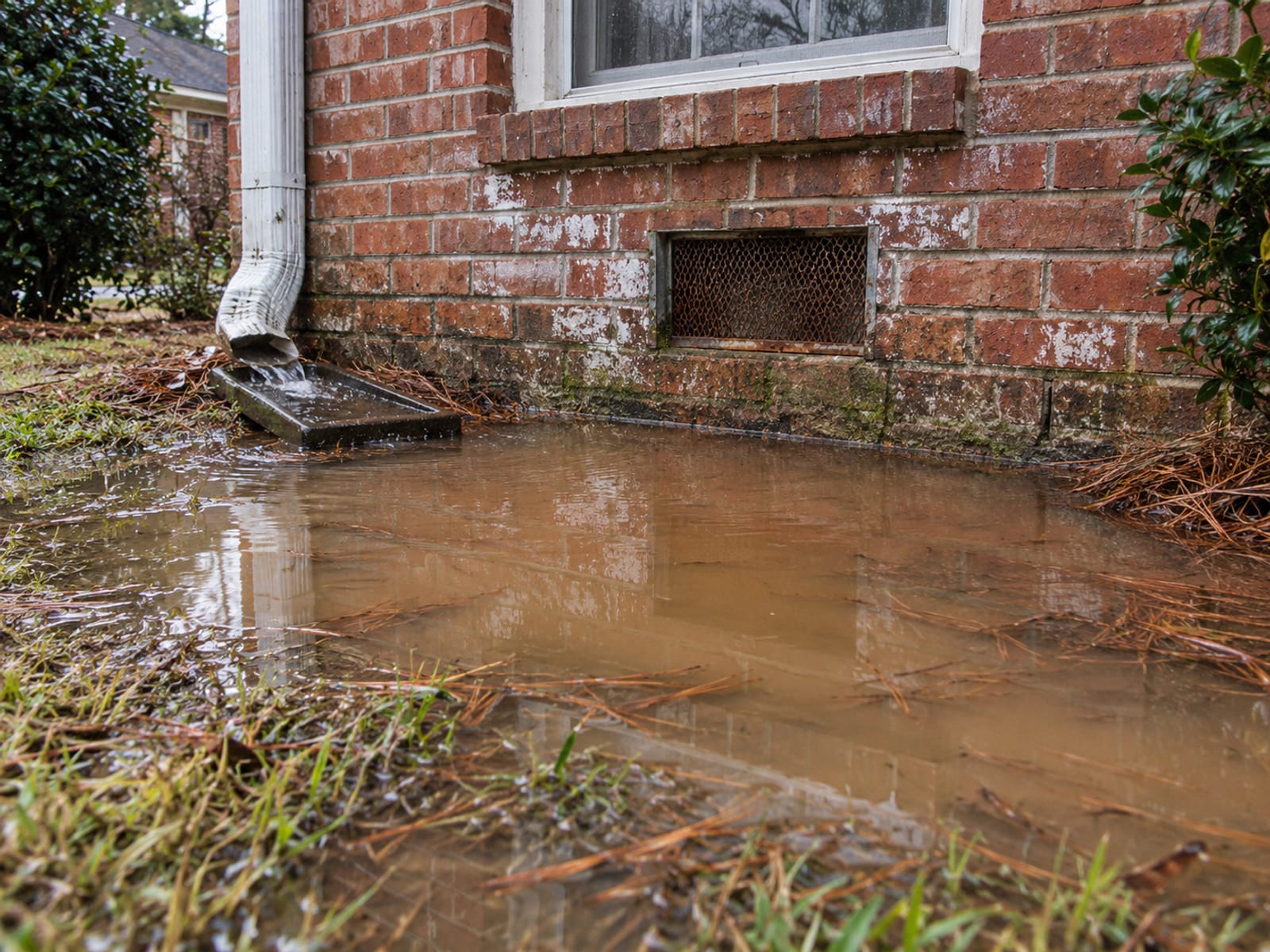 Rainwater pooling in a low front yard against a house foundation