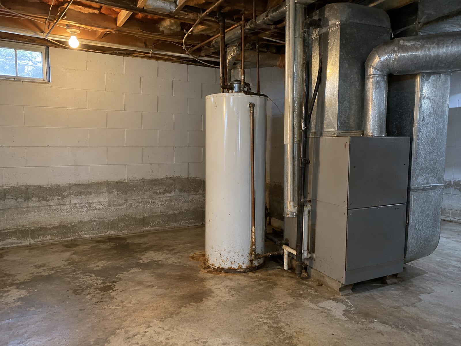 A basement with a water heater and furnace on a concrete floor with a damp waterline on the wall