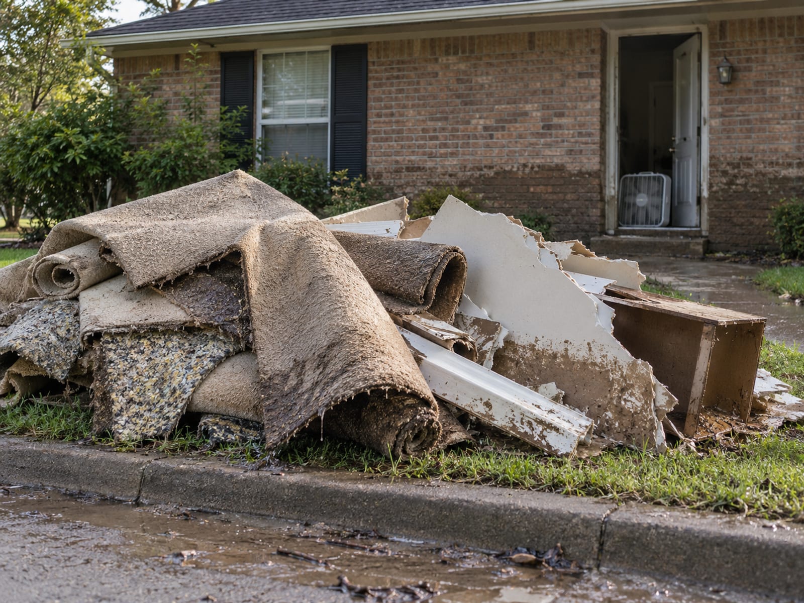 Water-damaged carpet and drywall pieces piled at the curb in front of a house