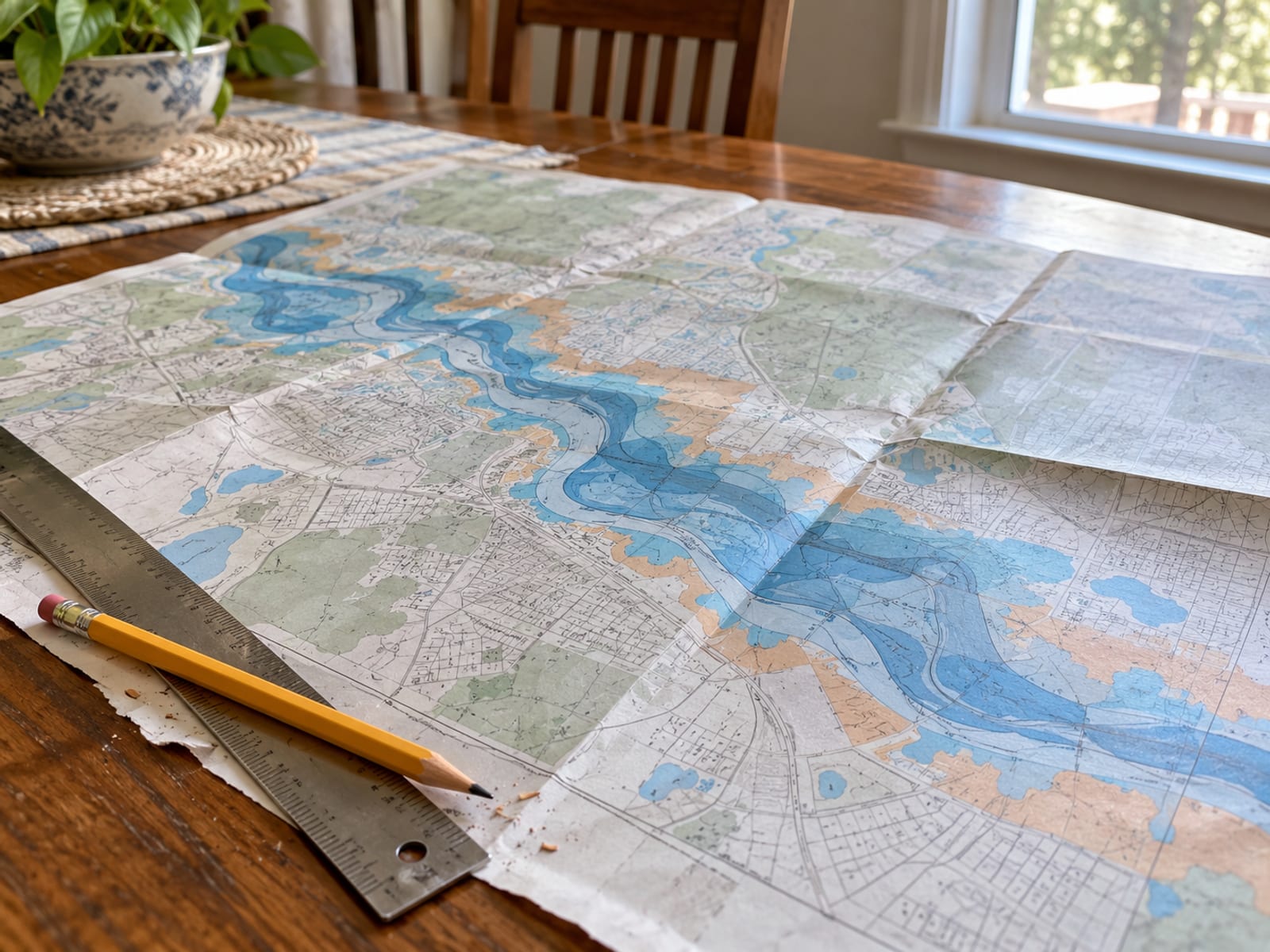 A printed paper flood map spread on a table with a pencil and ruler, no readable text