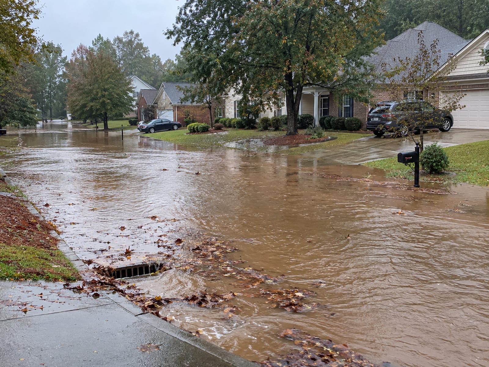 Rainwater flooding a residential street and front yards after a thunderstorm