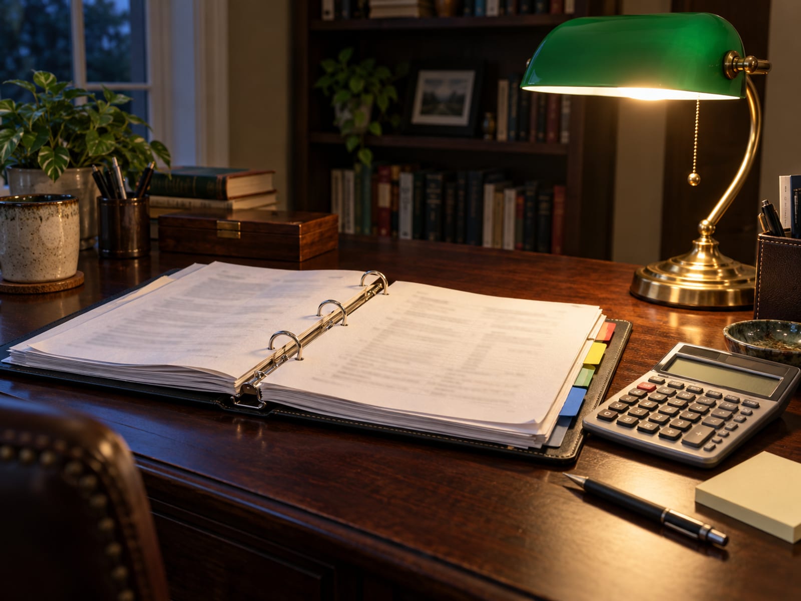 A home office desk with an open binder of insurance papers beside a calculator