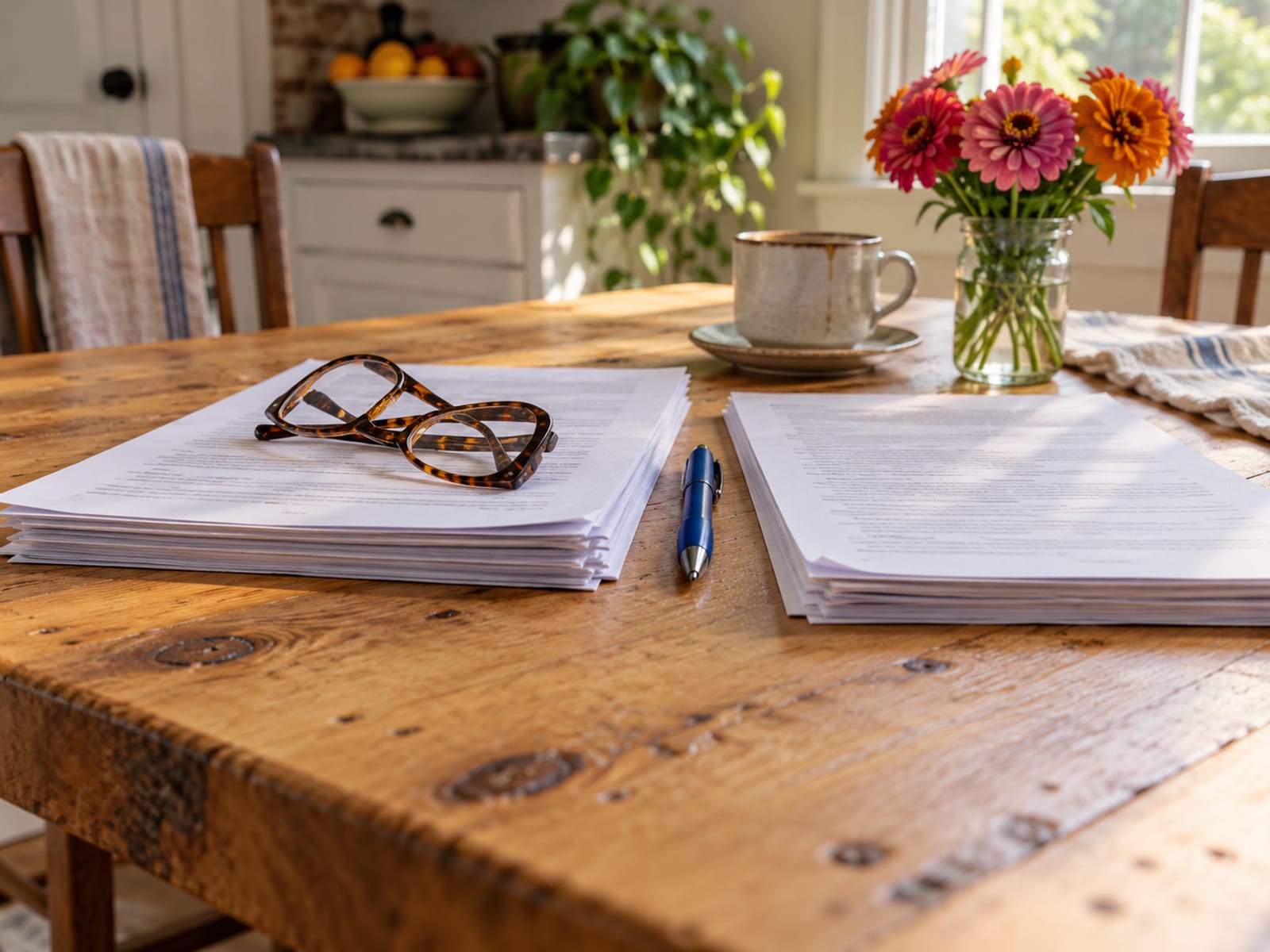 Two sets of printed policy pages laid side by side on a kitchen table
