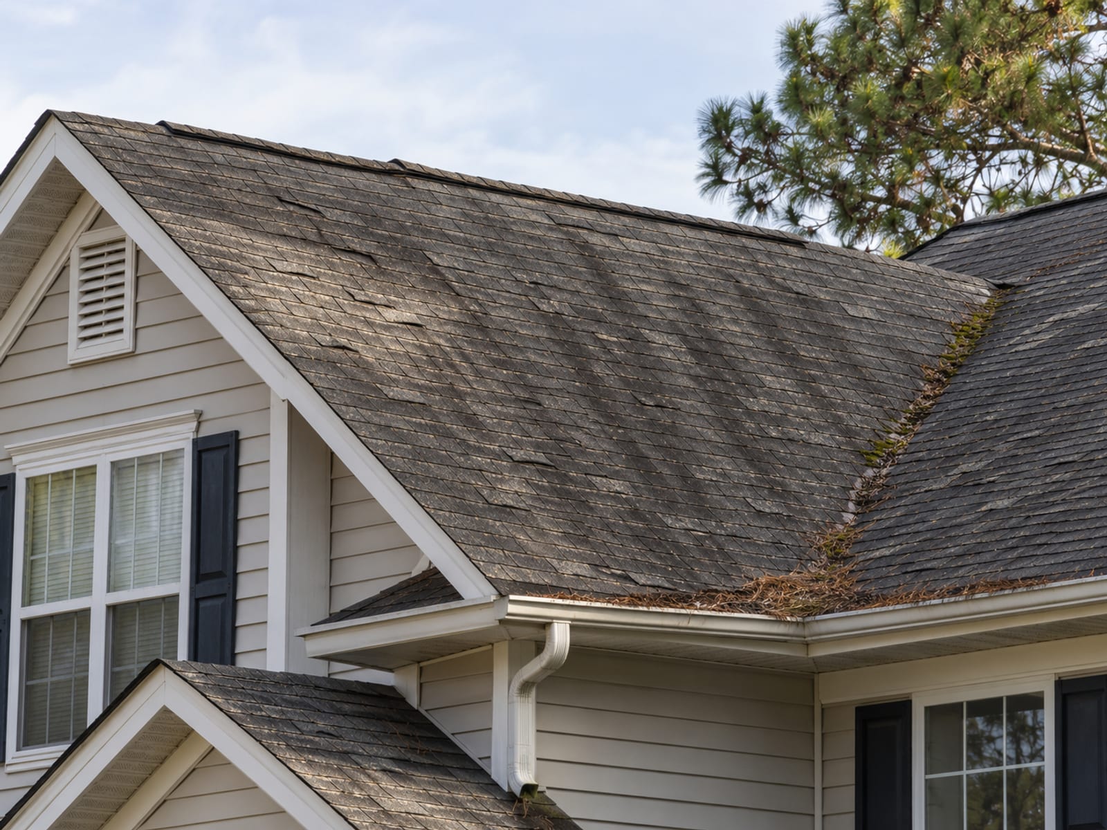 A gray asphalt shingle roof on a suburban house seen from the yard